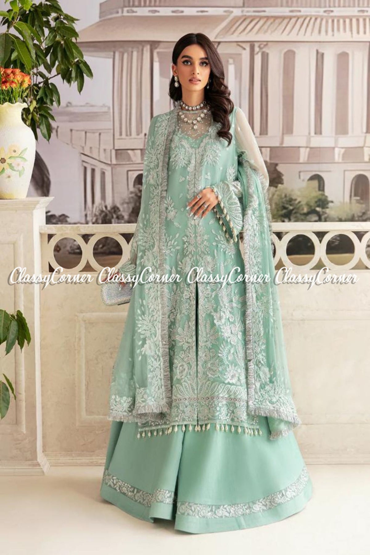 Soft Turquoise Chiffon Embroidered Wedding Wear Dress