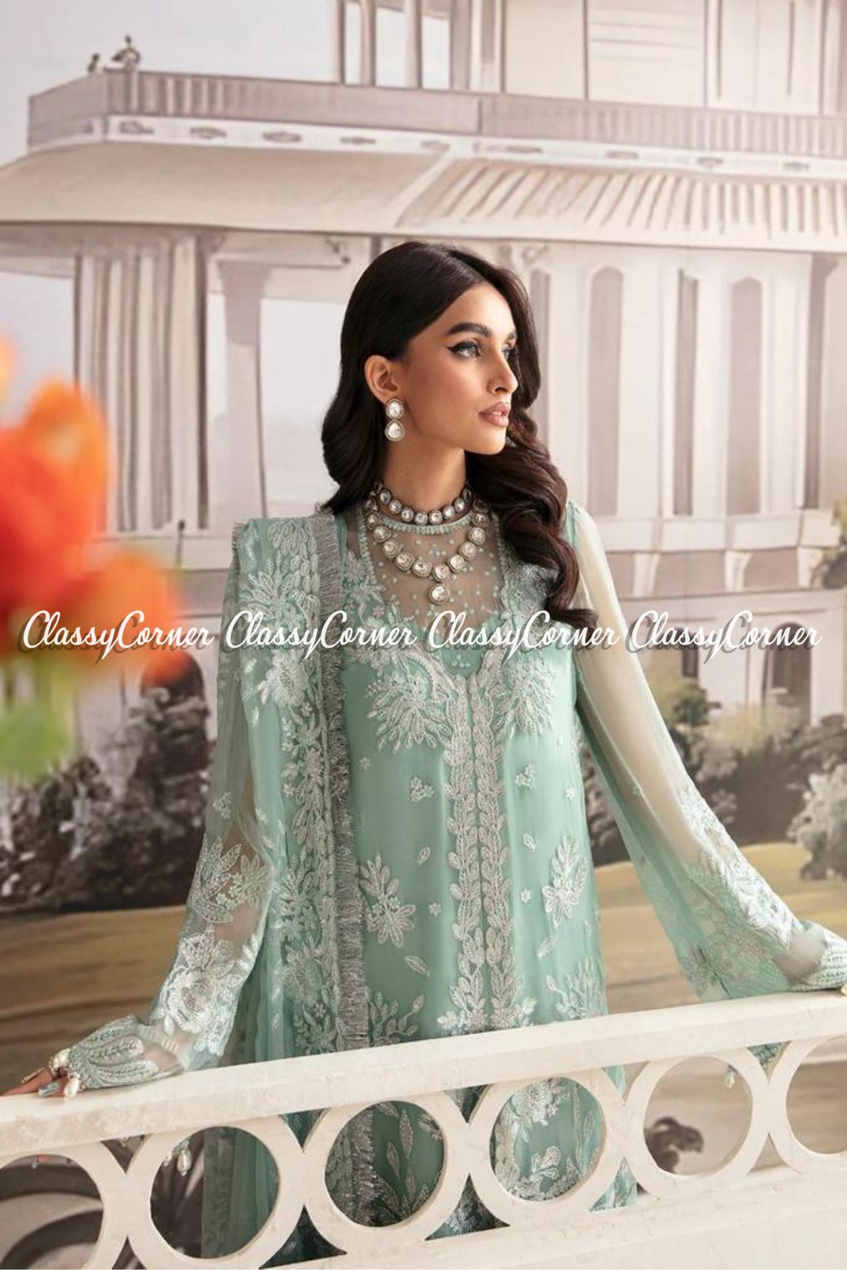 Soft Turquoise Chiffon Embroidered Wedding Wear Dress