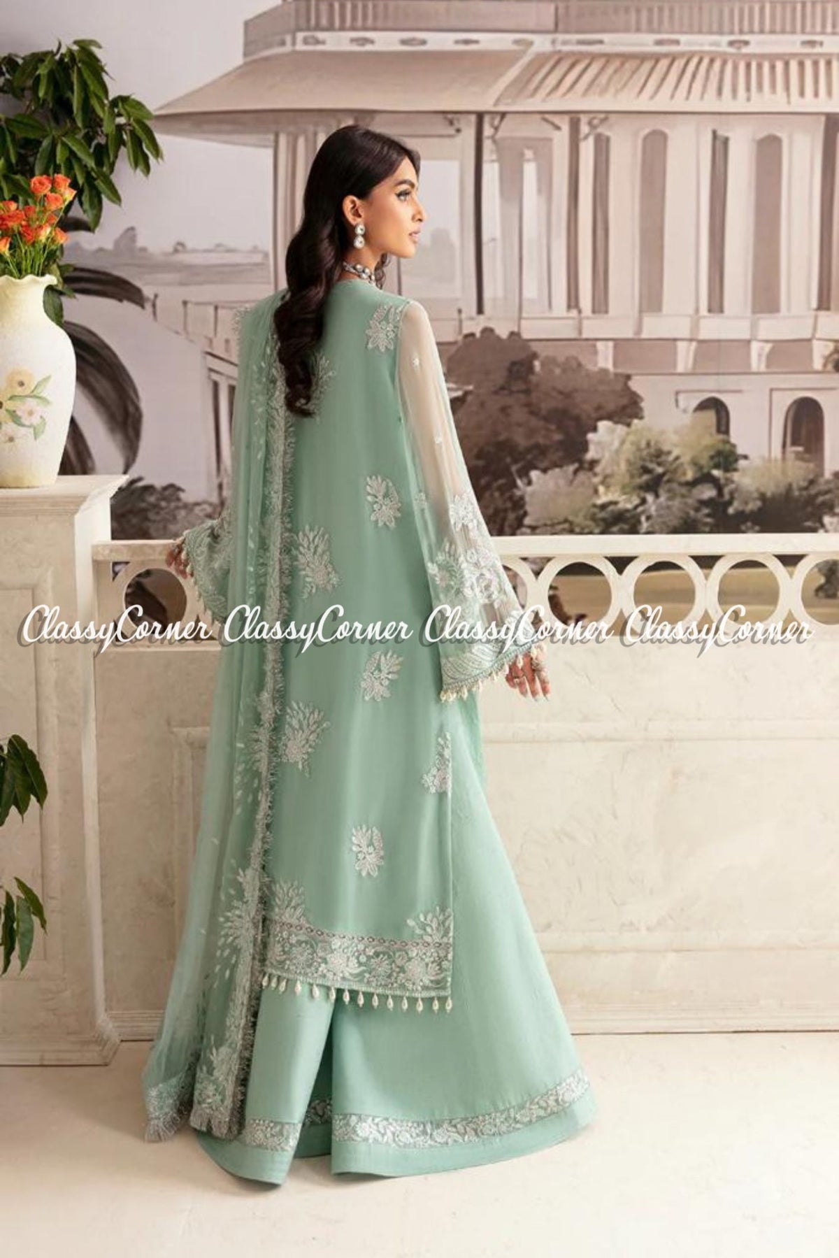 Soft Turquoise Chiffon Embroidered Wedding Wear Dress