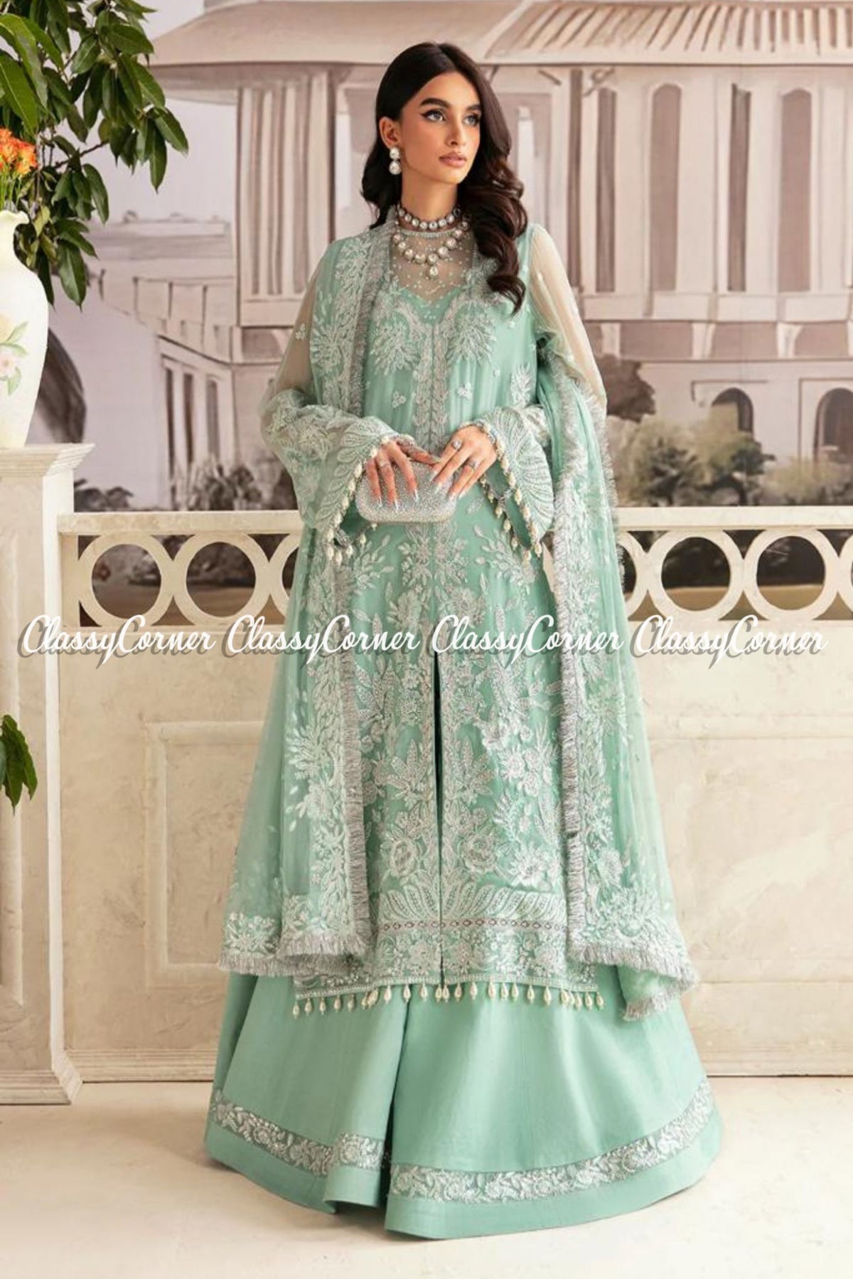 Soft Turquoise Chiffon Embroidered Wedding Wear Dress