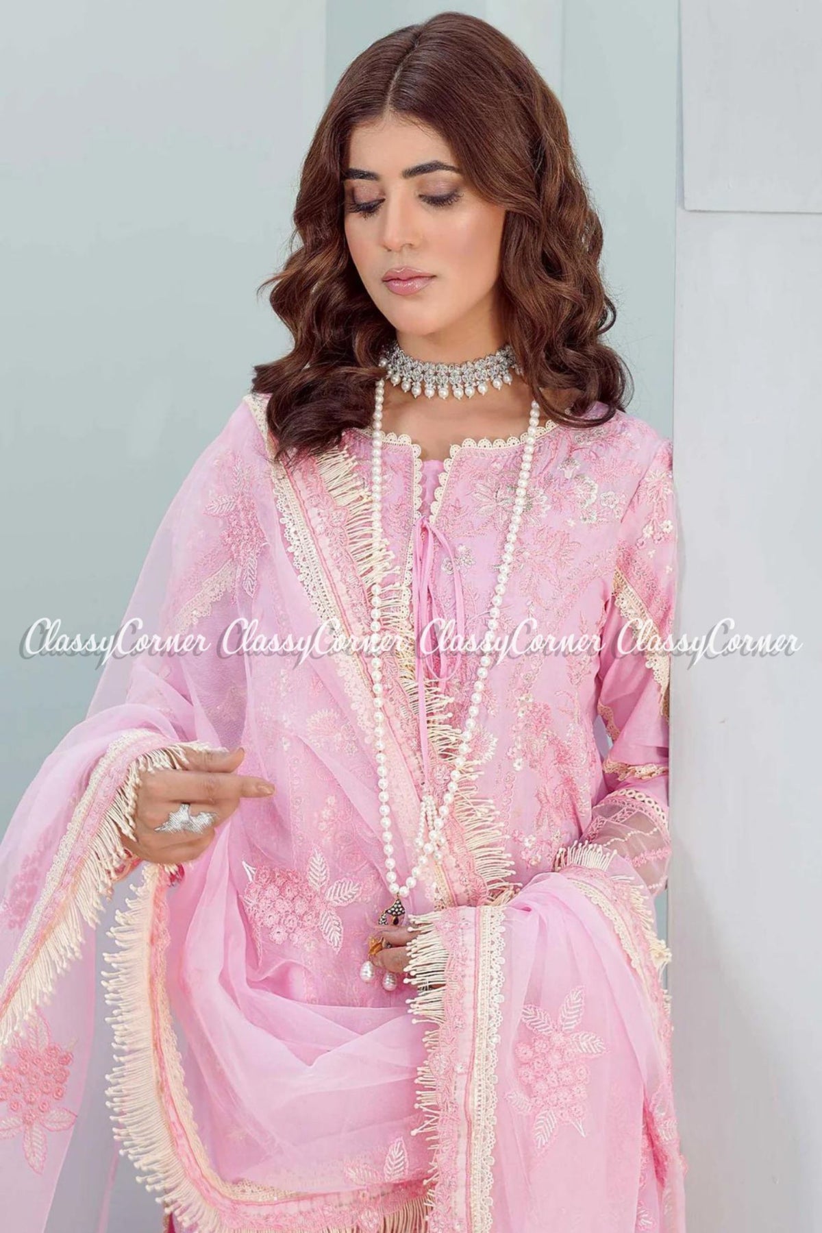 Tea Pink White Lawn Embroidered Formal Wear Sharara Outfit