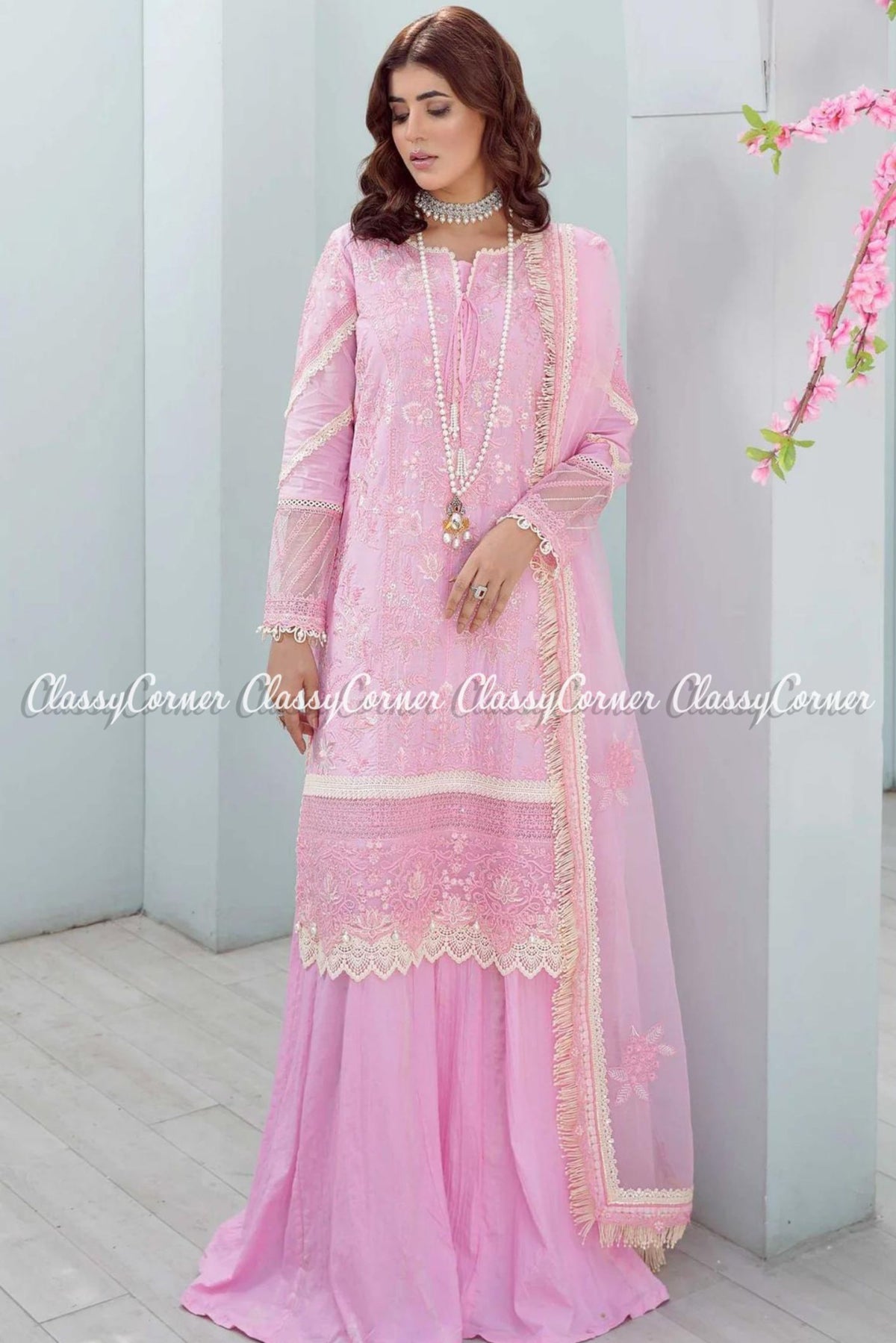 Tea Pink White Lawn Embroidered Formal Wear Sharara Outfit