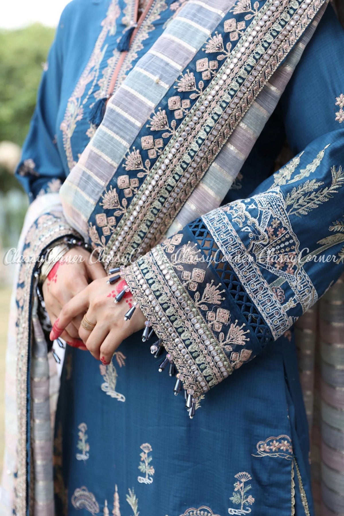 Teal Blue White Lawn Embroidered Sharara Dress