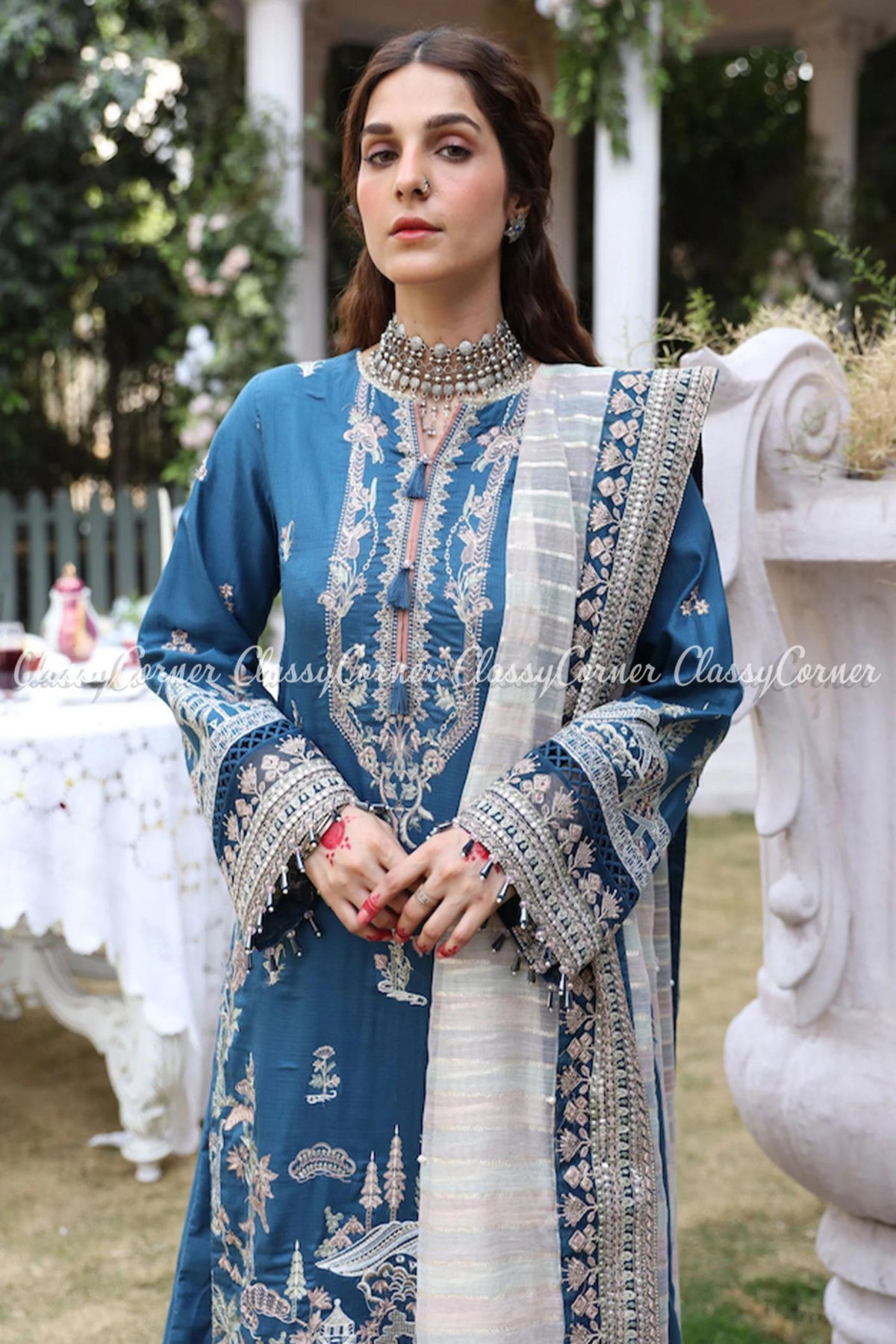 Teal Blue White Lawn Embroidered Sharara Dress