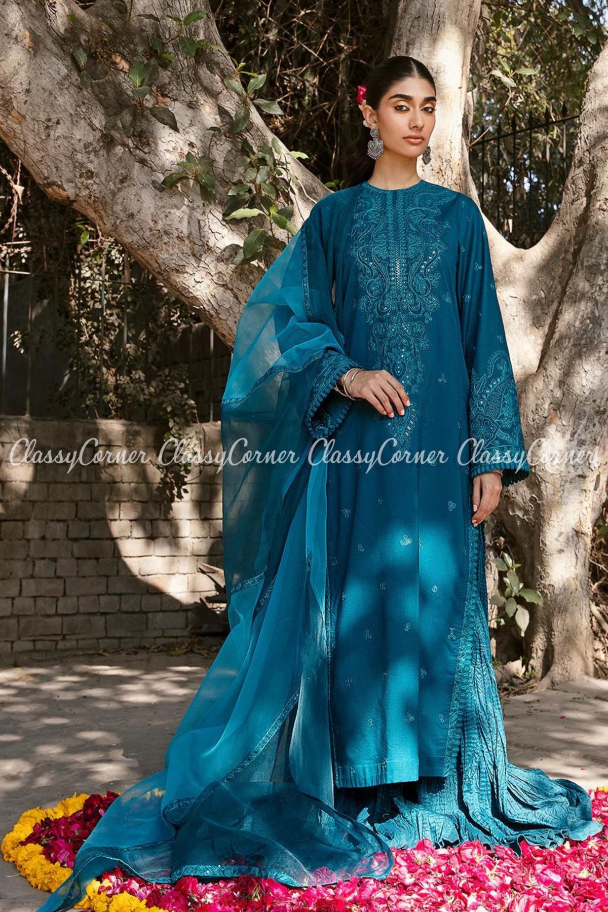 Teal Blue Lawn Embroidered Formal Wear Sharara Dress