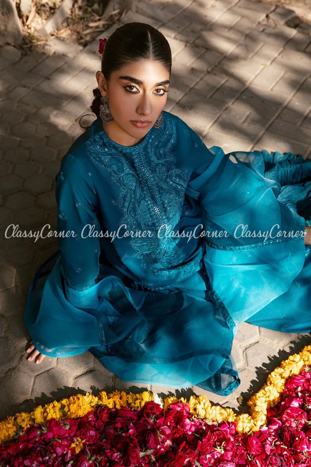 Teal Blue Lawn Embroidered Formal Wear Sharara Dress