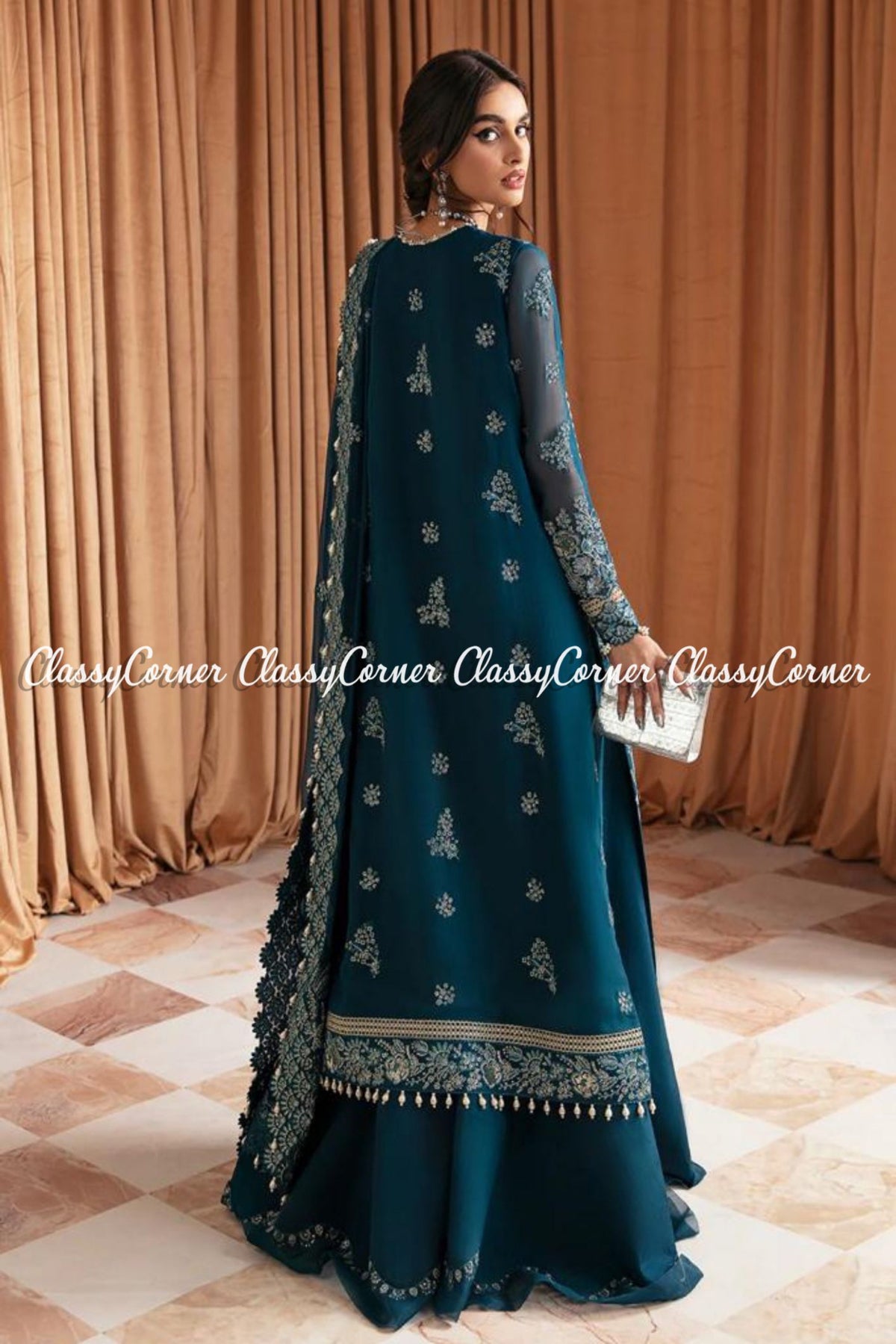 Elegant Teal Blue Golden Chiffon Embroidered Sharara Outfit