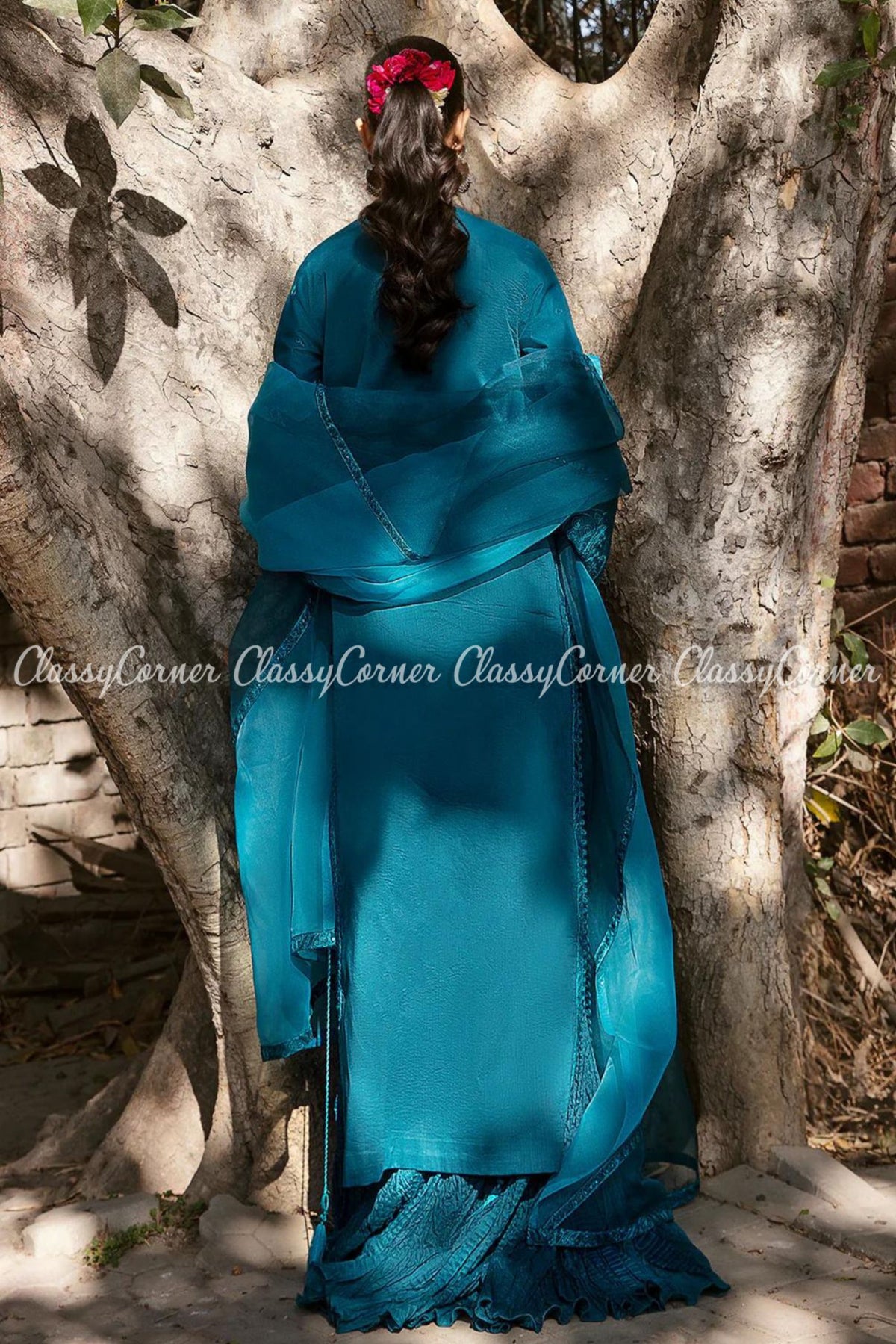 Teal Blue Lawn Embroidered Formal Wear Sharara Dress