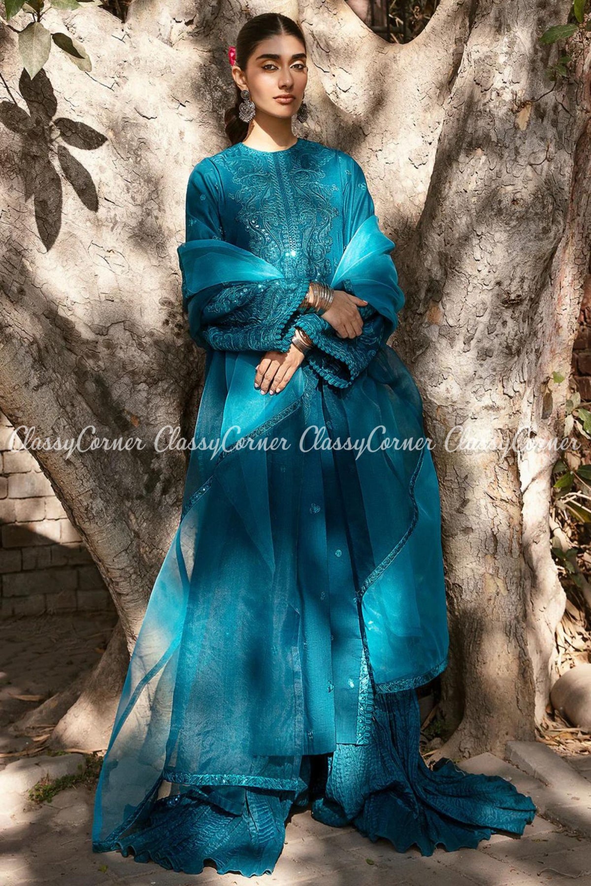 Teal Blue Lawn Embroidered Formal Wear Sharara Dress