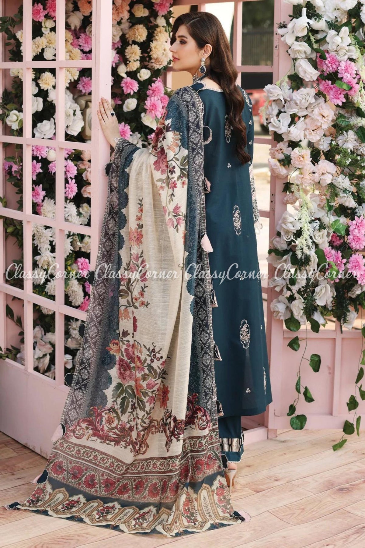 Teal Blue Cream Lawn Embroidered Salwar Kameez