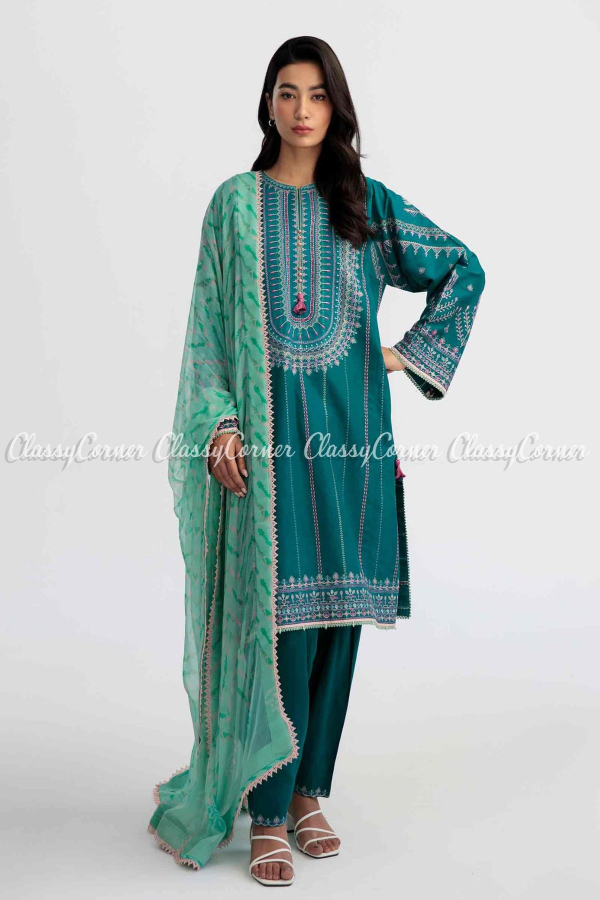 Teal Blue Embroidered Lawn Formal Wear Salwar Kameez