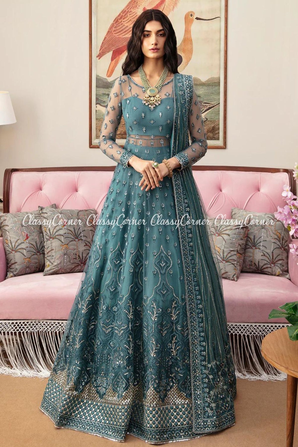 Teal Blue Net Embroidered Party Wear Gown