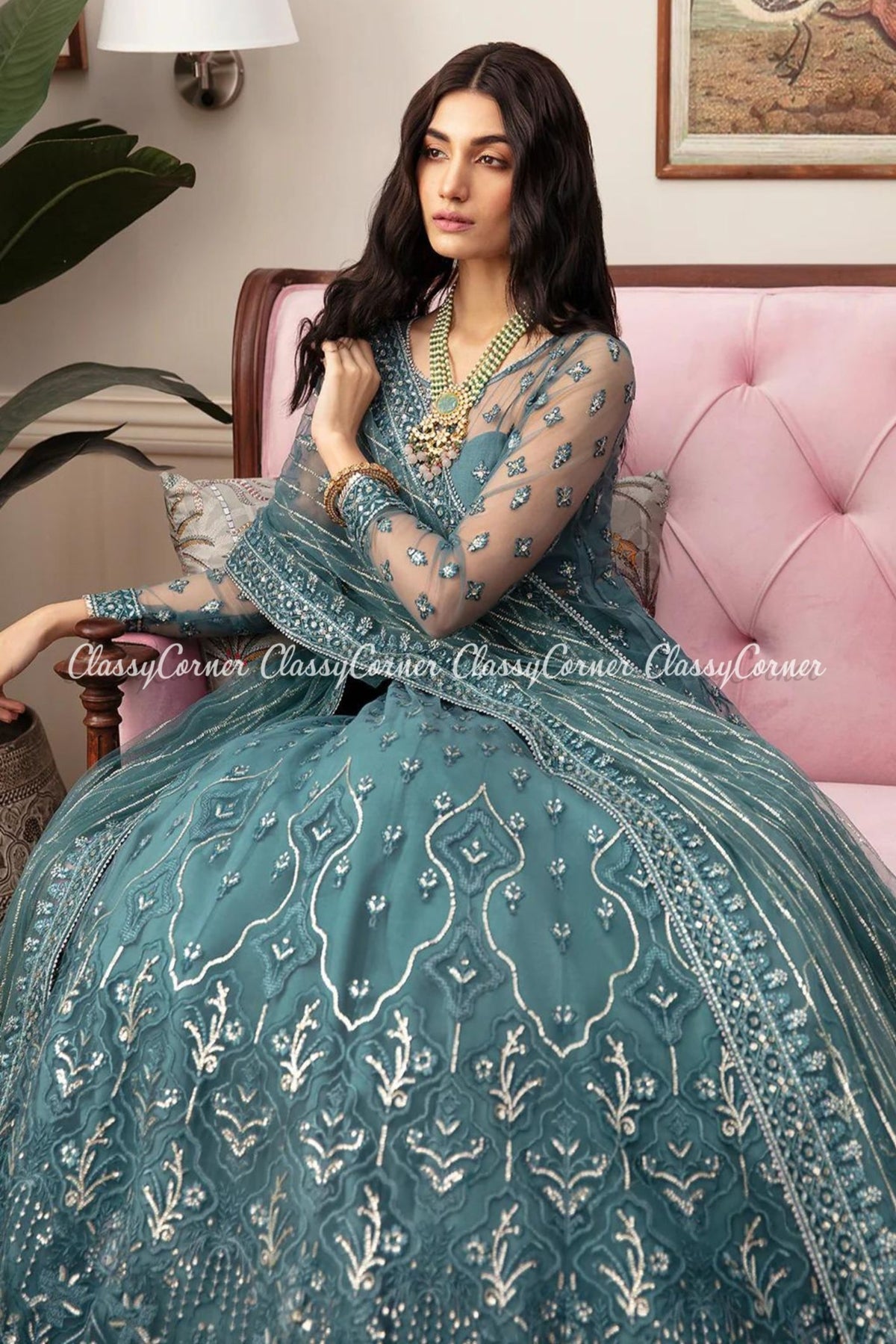 Teal Blue Net Embroidered Party Wear Gown