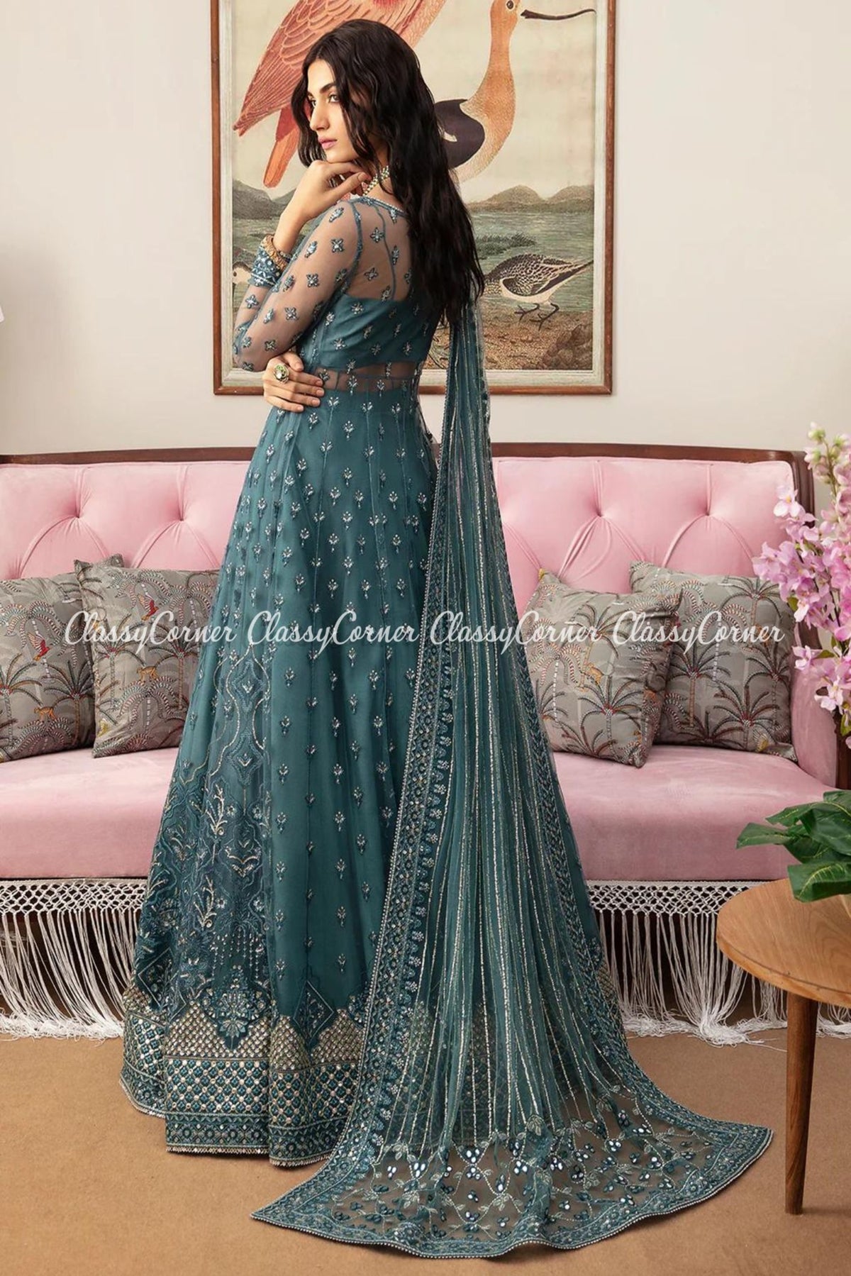 Teal Blue Net Embroidered Party Wear Gown