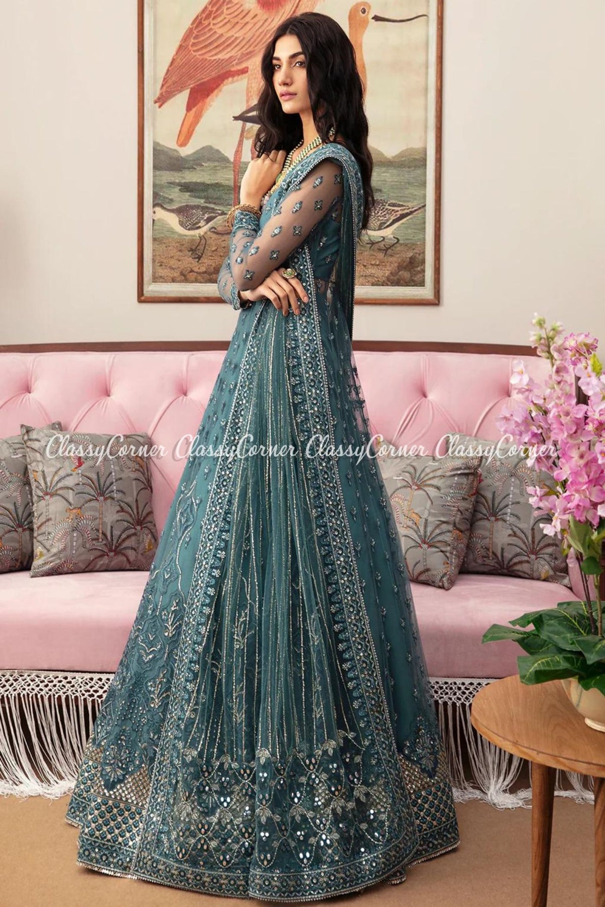 Teal Blue Net Embroidered Party Wear Gown