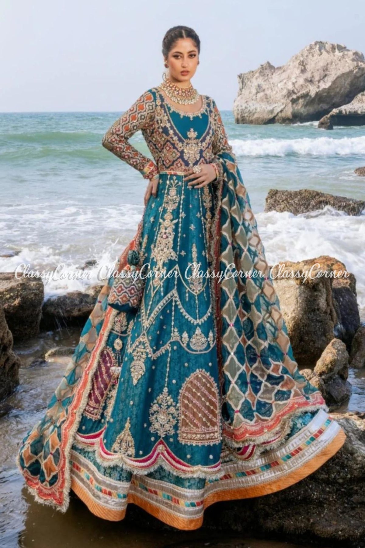 Teal Multi Chiffon Embellished Bridal Wear Gown