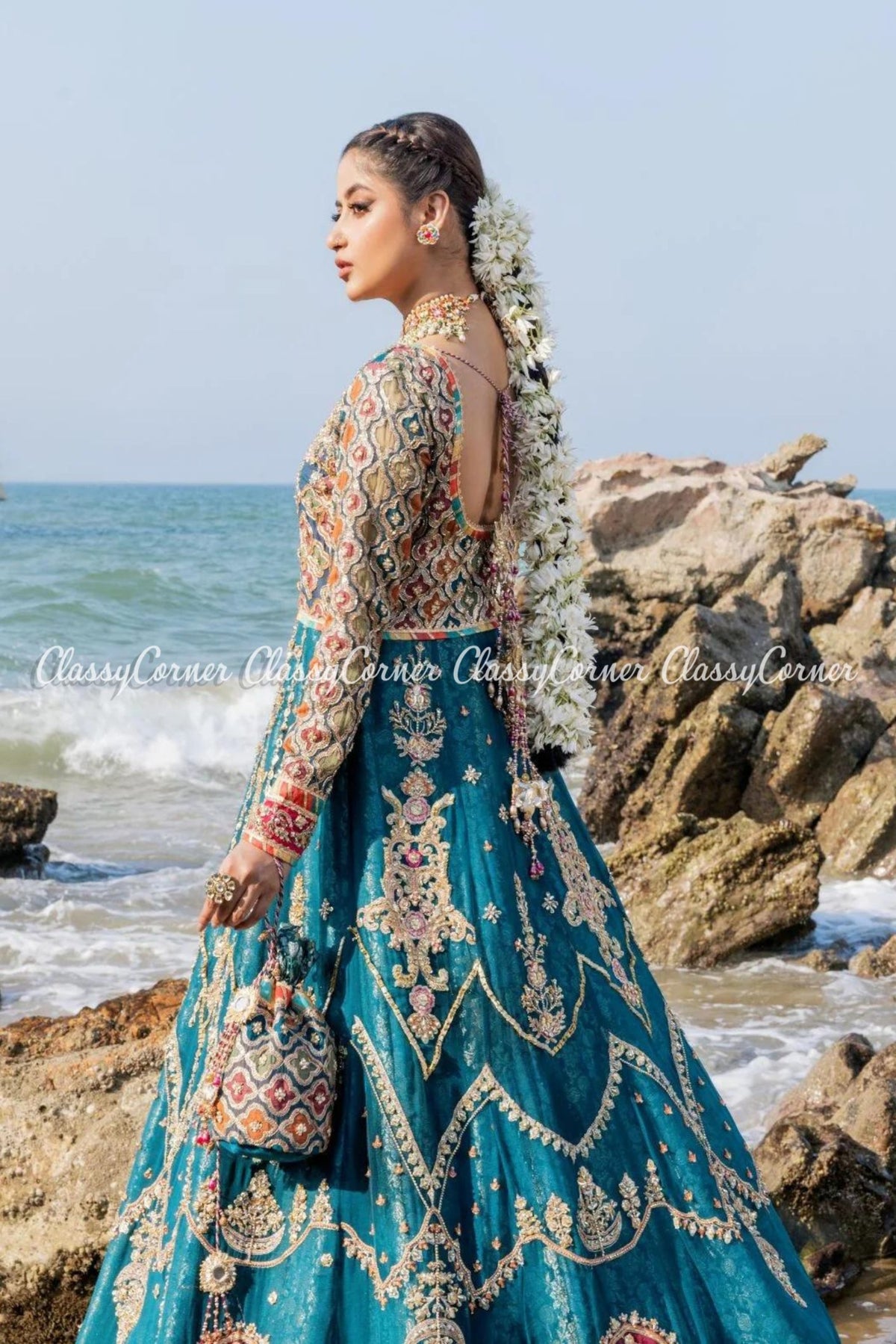 Teal Multi Chiffon Embellished Bridal Wear Gown