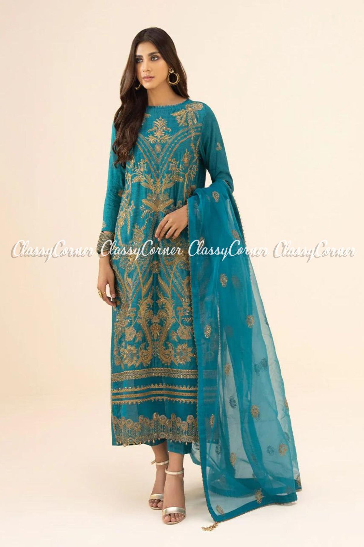 Teal Skin Pakistani Party Wear Salwar Kameez Dress