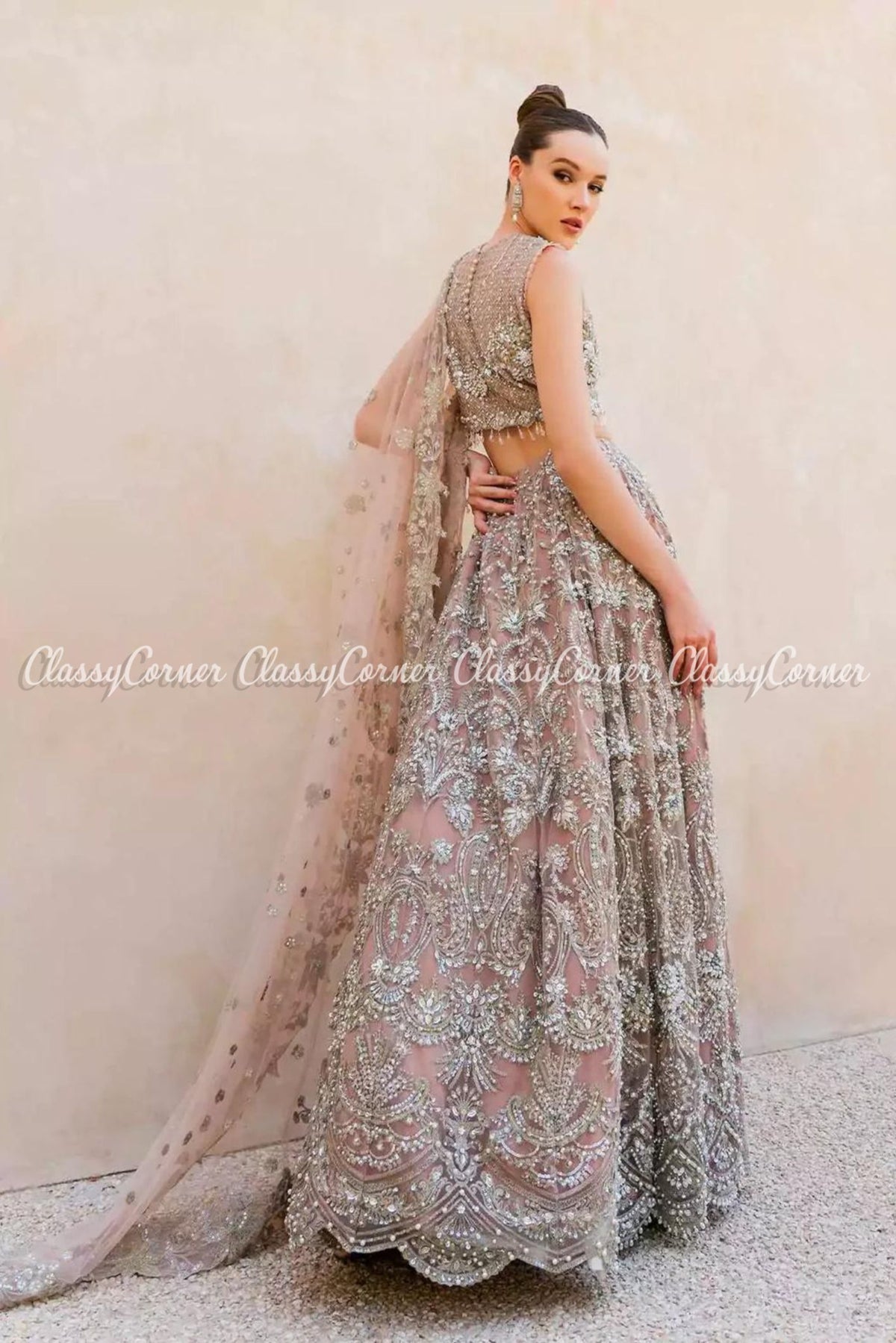 Tea Pink Silver Net Embroidered Bridal Wear Lehenga