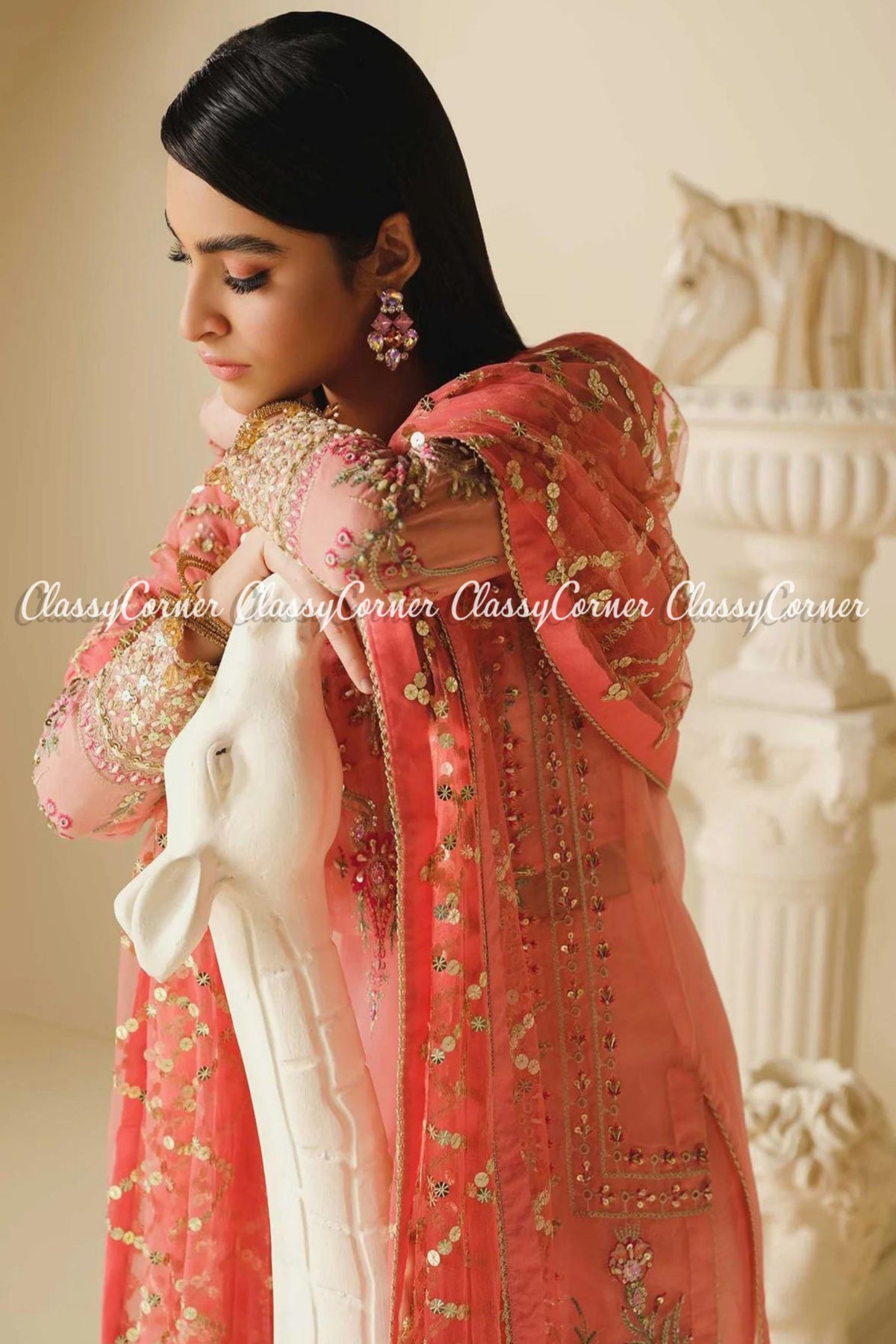 Tea Pink Golden Organza Embroidered Party Wear Salwar Kameez