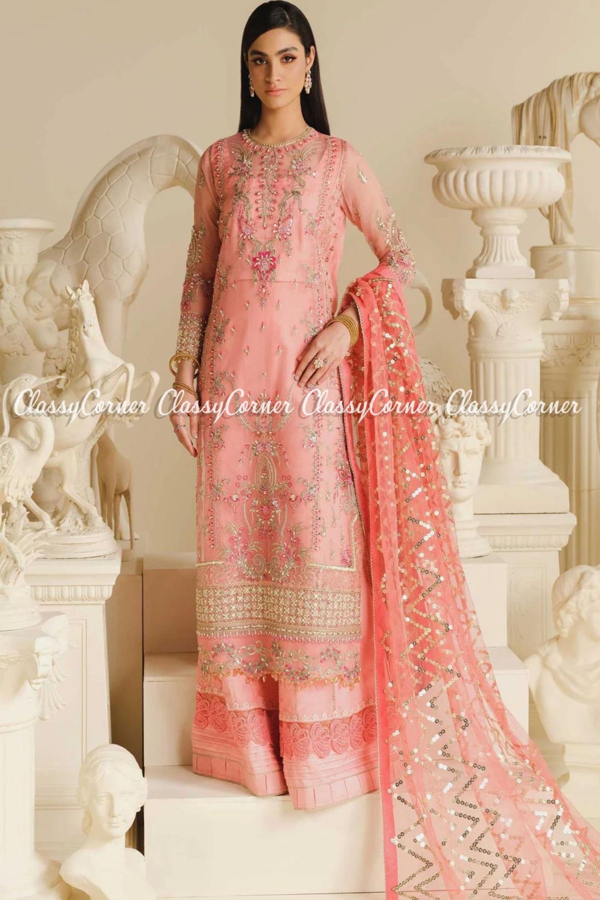 Tea Pink Golden Organza Embroidered Party Wear Salwar Kameez