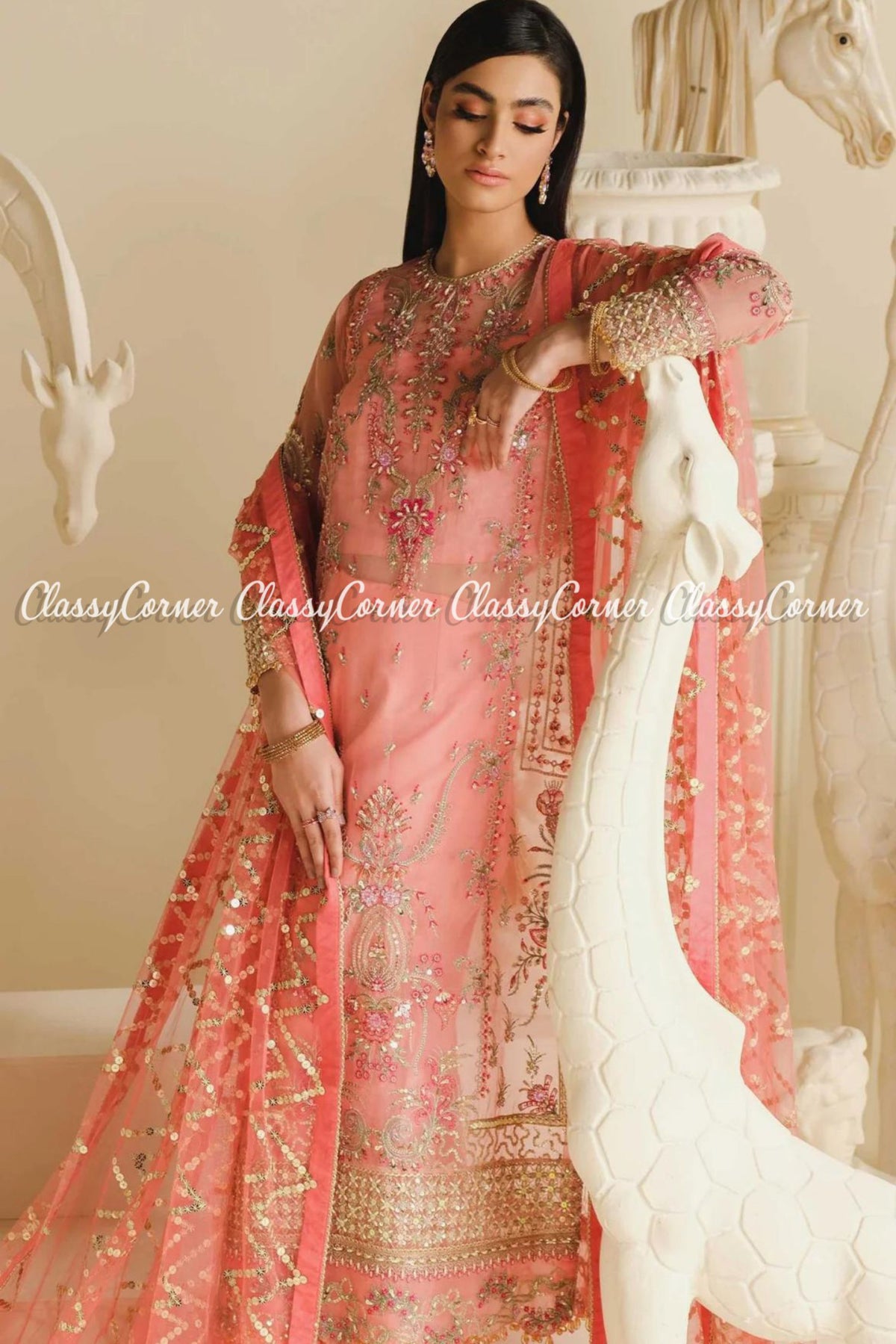 Tea Pink Golden Organza Embroidered Party Wear Salwar Kameez