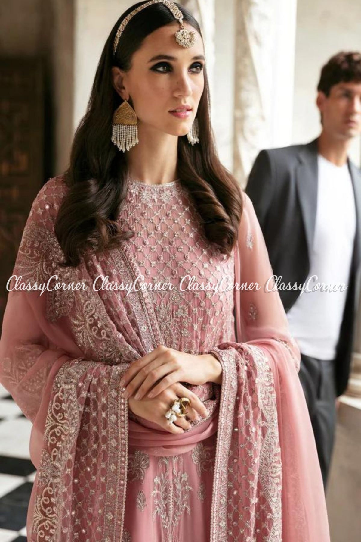 Tea Pink Silver Chiffon Embroidered Party Wear Sharara Outfit