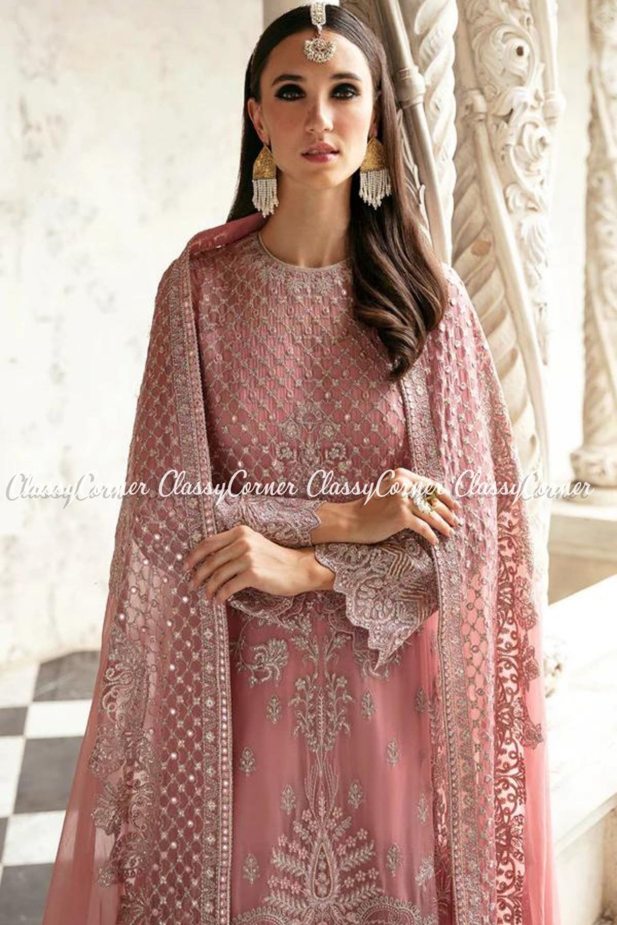 Tea Pink Silver Chiffon Embroidered Party Wear Sharara Outfit