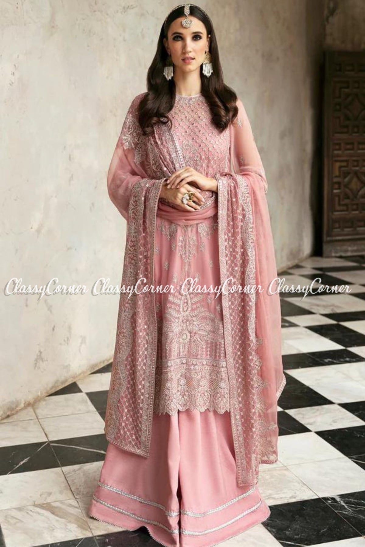 Tea Pink Silver Chiffon Embroidered Party Wear Sharara Outfit