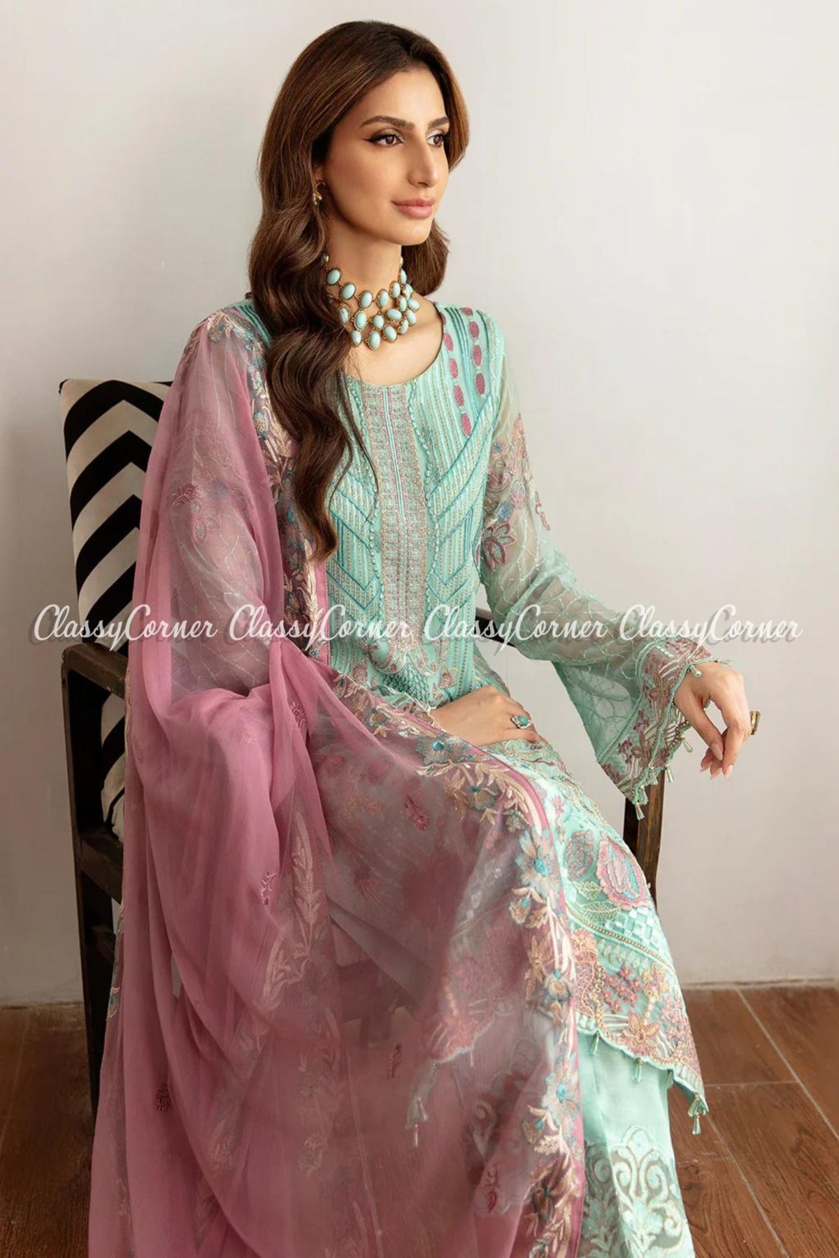 Turquoise Pink Chiffon Embroidered Party Wear Suit