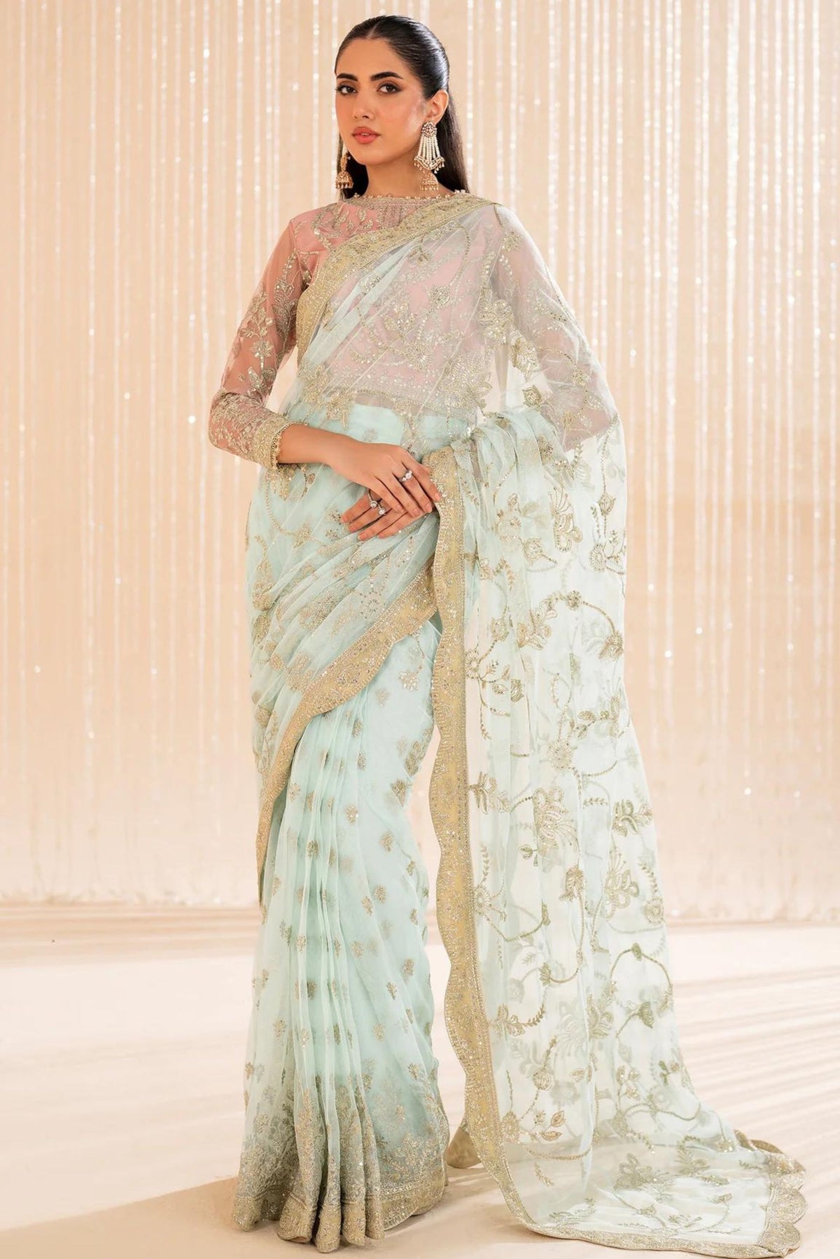 Blue Pink Net Gown Saree