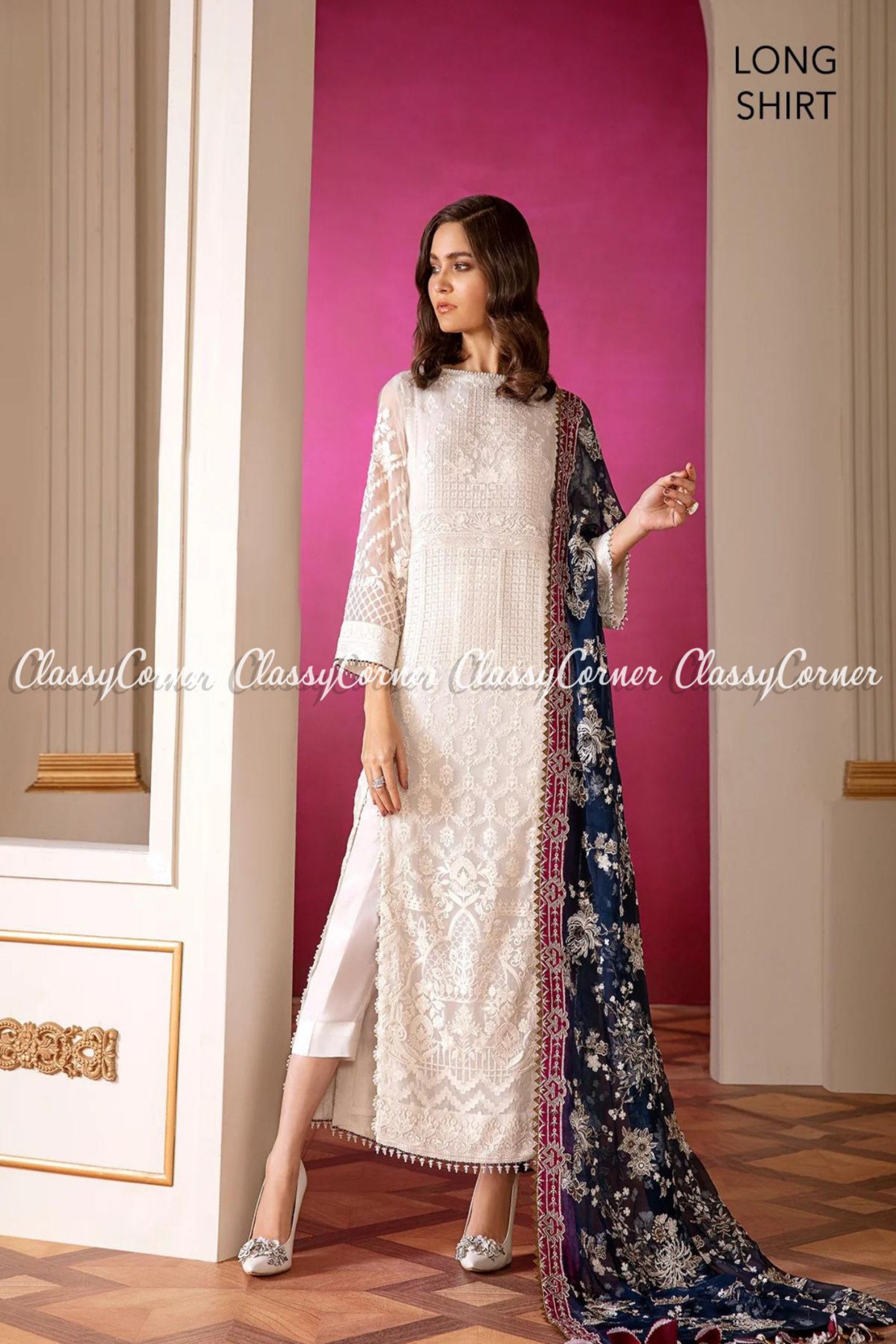 White Blue Chiffon Embroidered Pakistani Salwar Kameez Outfits - Classy Corner