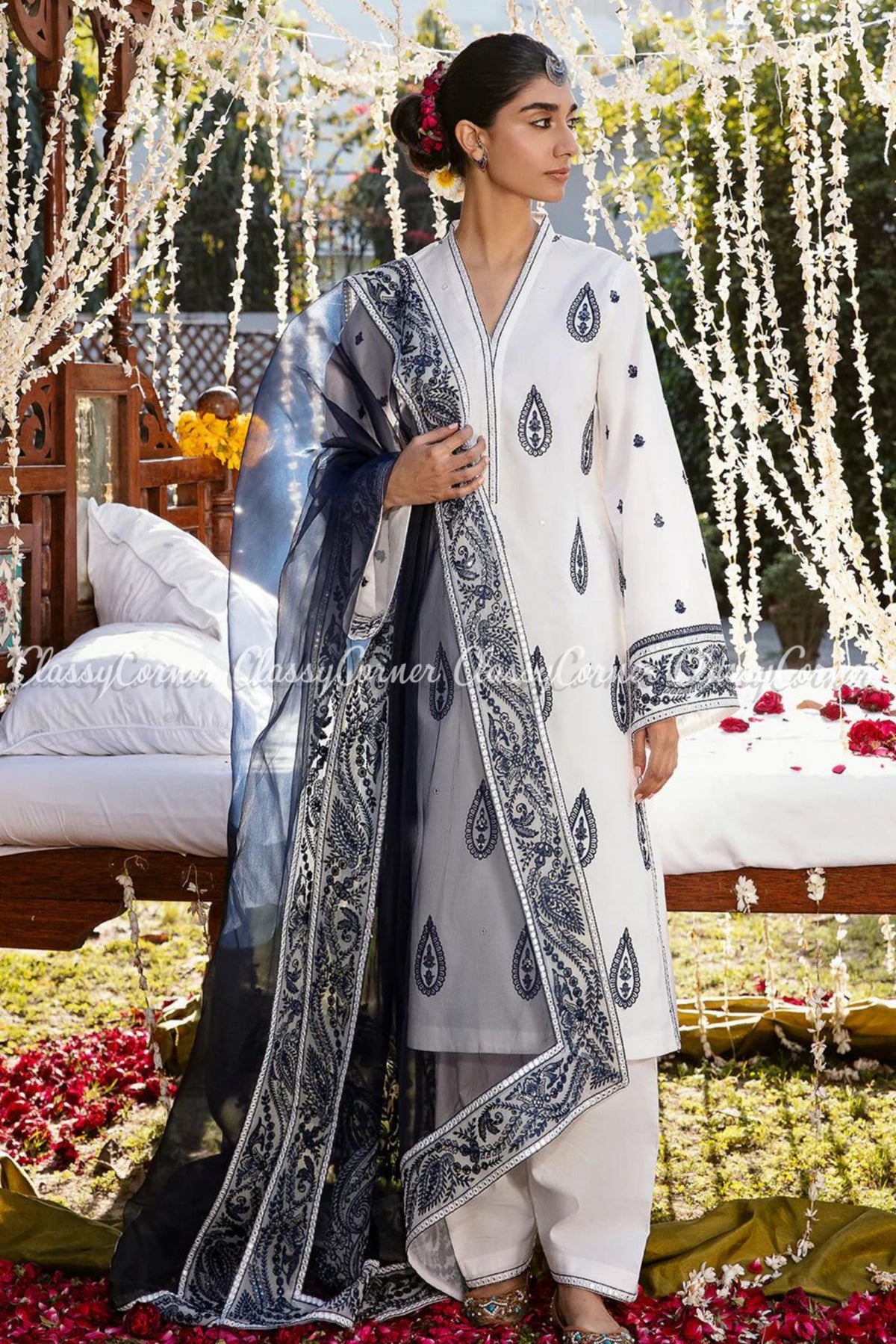 White Dark Blue Lawn Embroidered Salwar Kameez