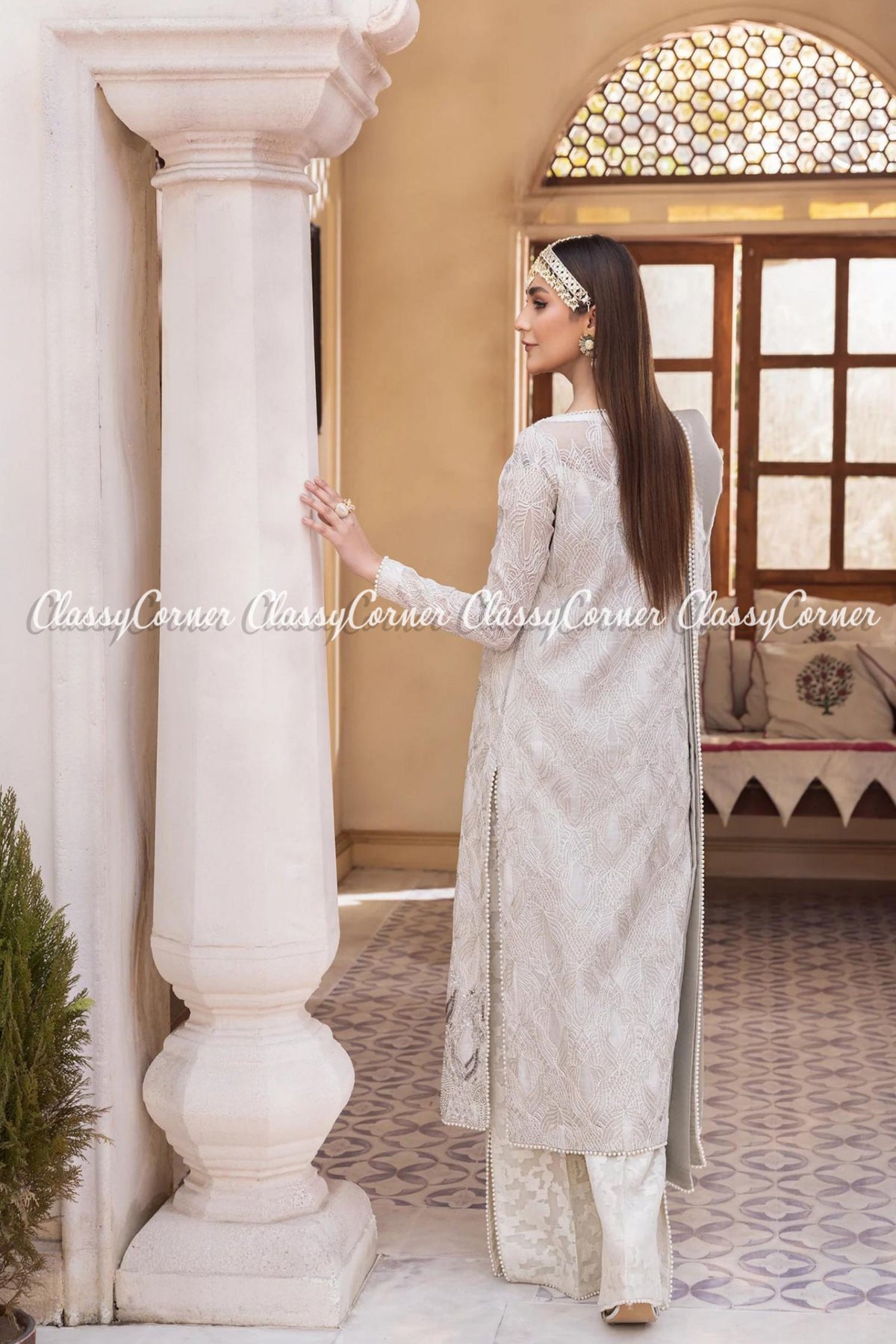 White Silver Net Embroidered Pakistani Salwar Kameez Dress