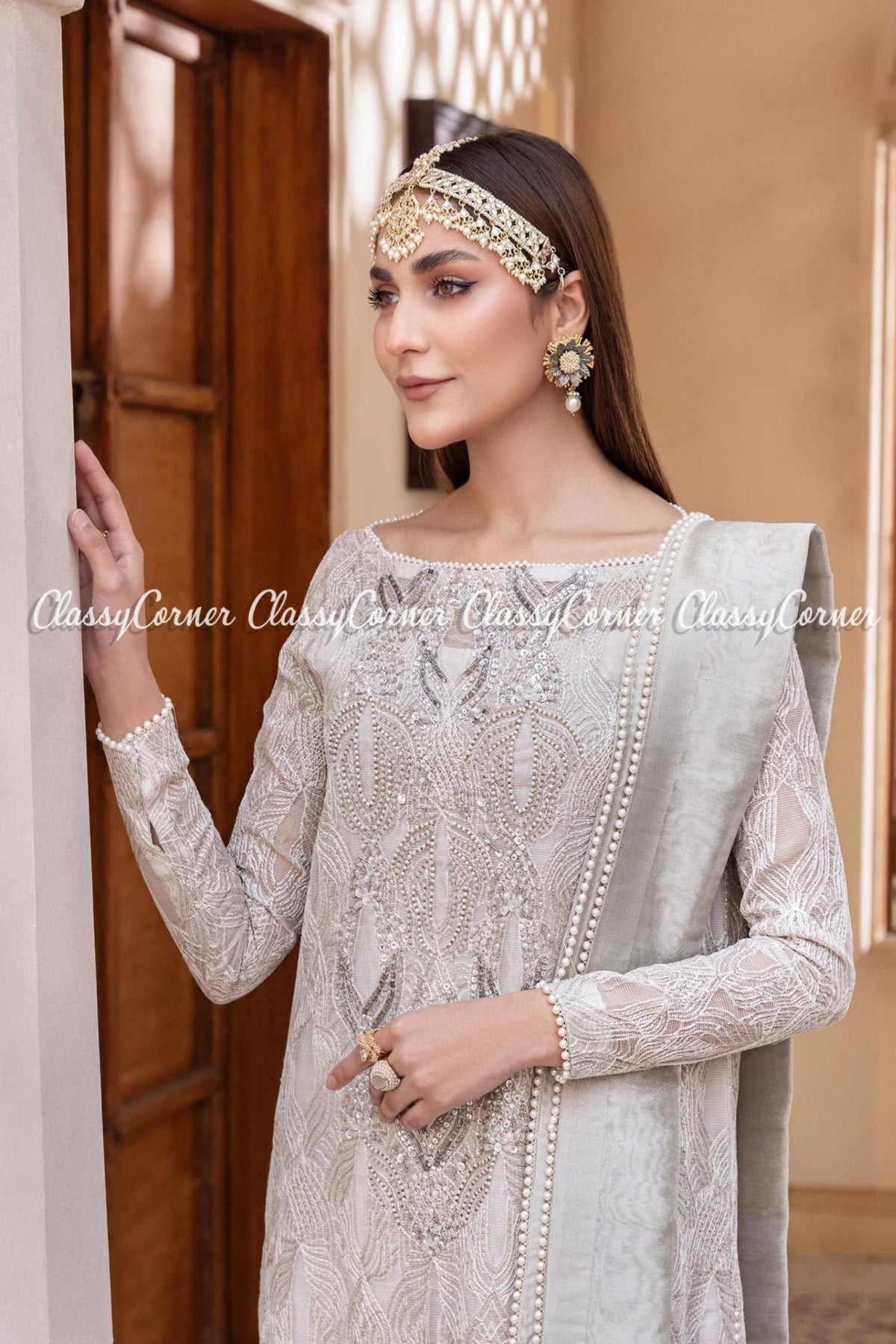 White Silver Net Embroidered Pakistani Salwar Kameez Dress