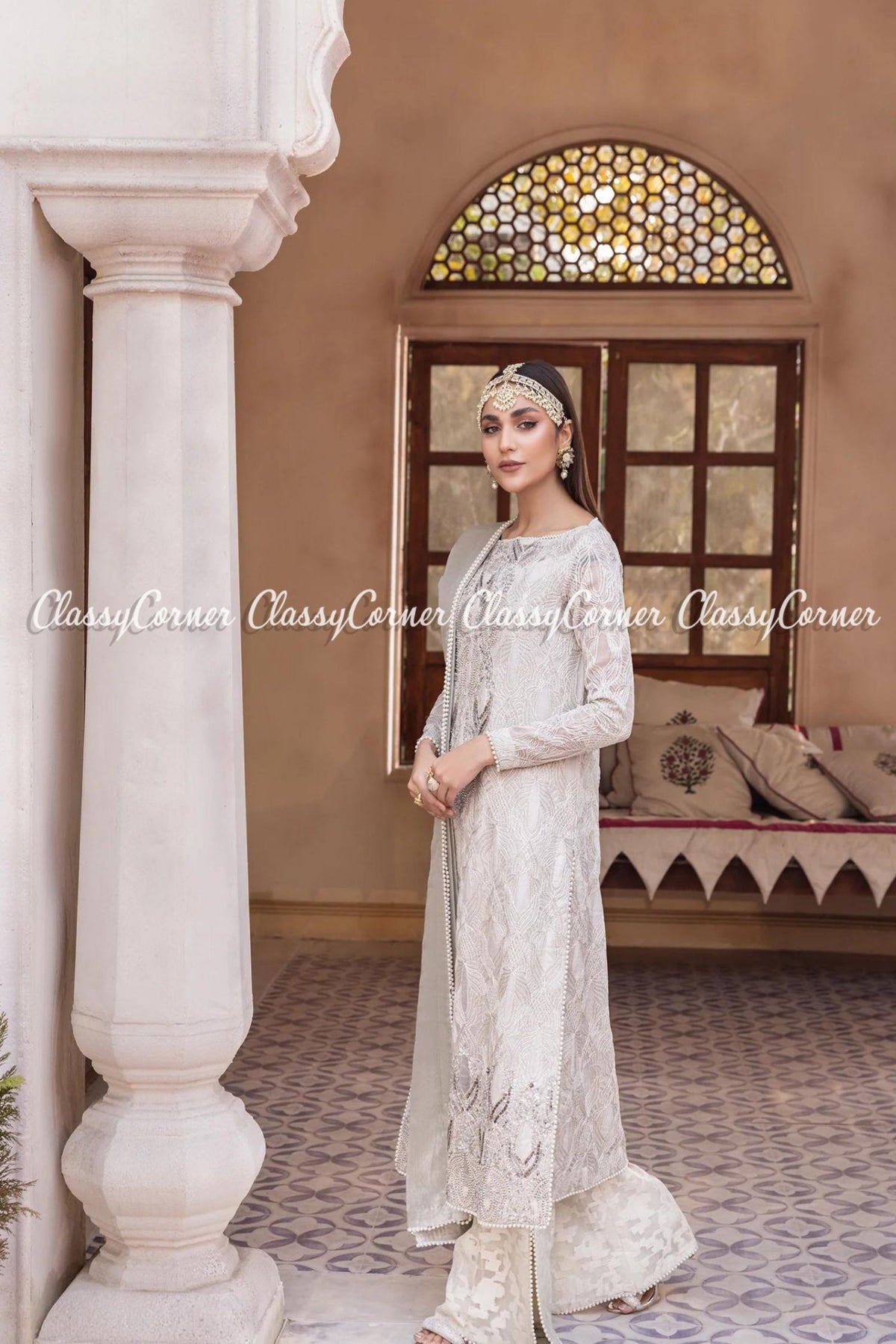 White Silver Net Embroidered Pakistani Salwar Kameez Dress