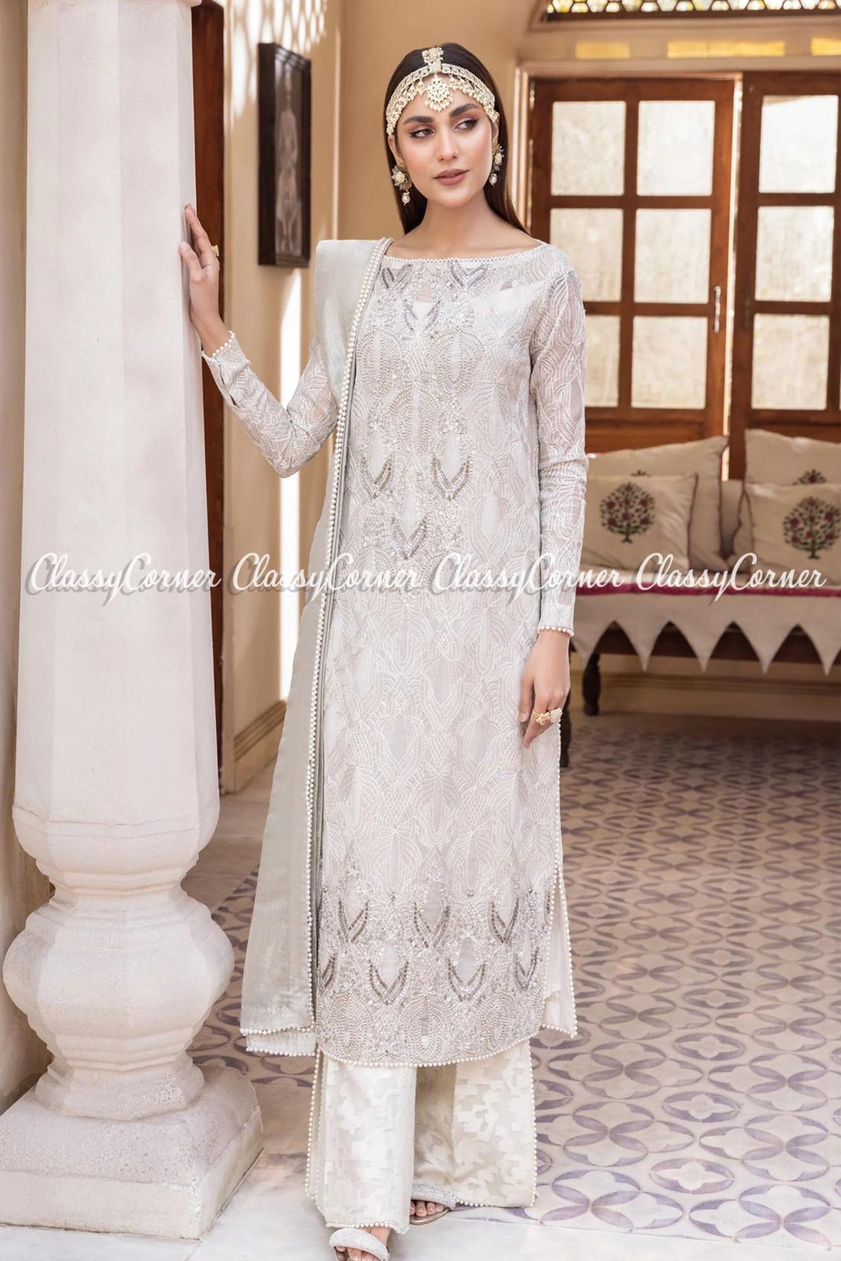 White Silver Net Embroidered Pakistani Salwar Kameez Dress