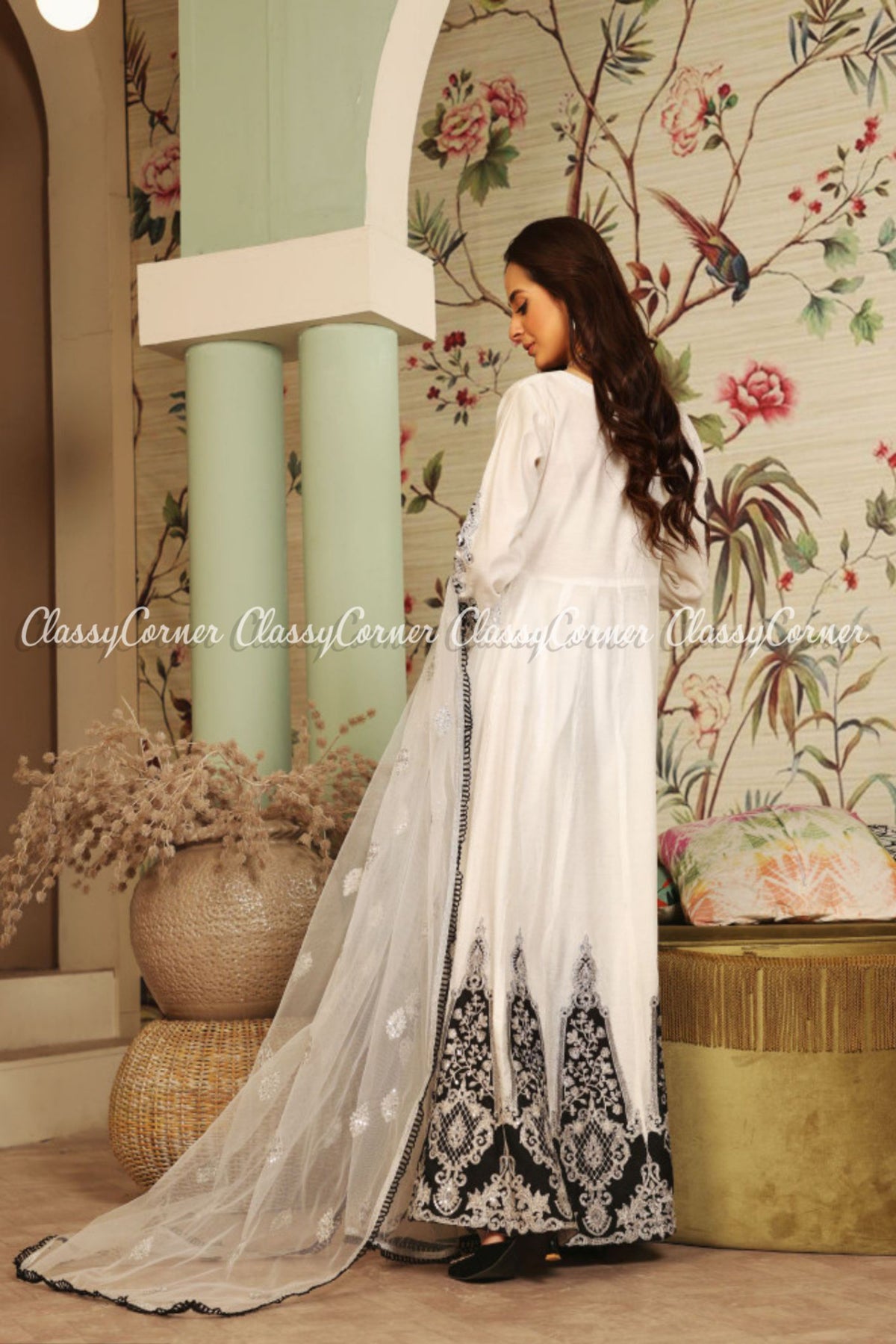 White Black Embroidered Pakistani Maxi Outfit