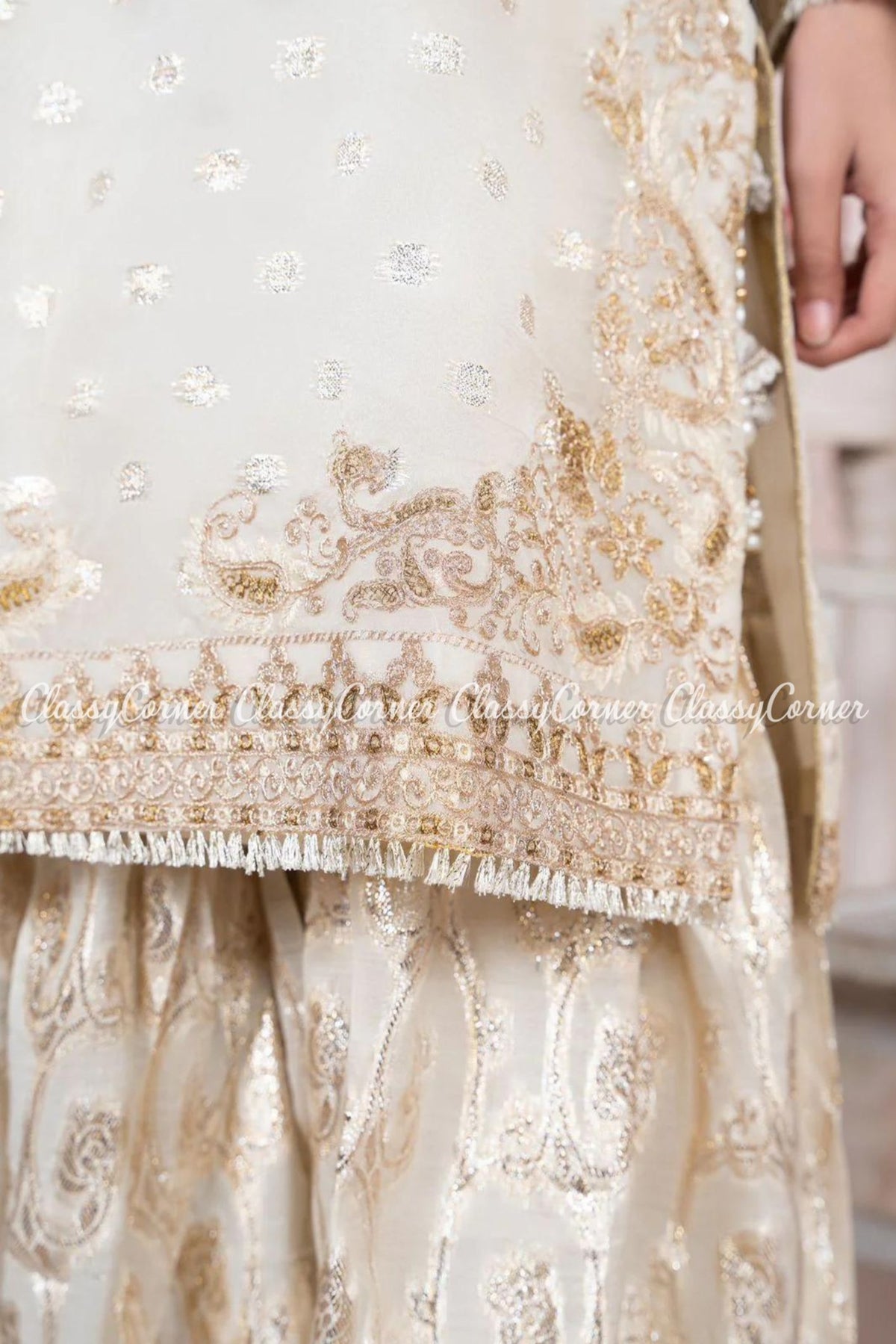 White Golden Organza Party Wear Gharara