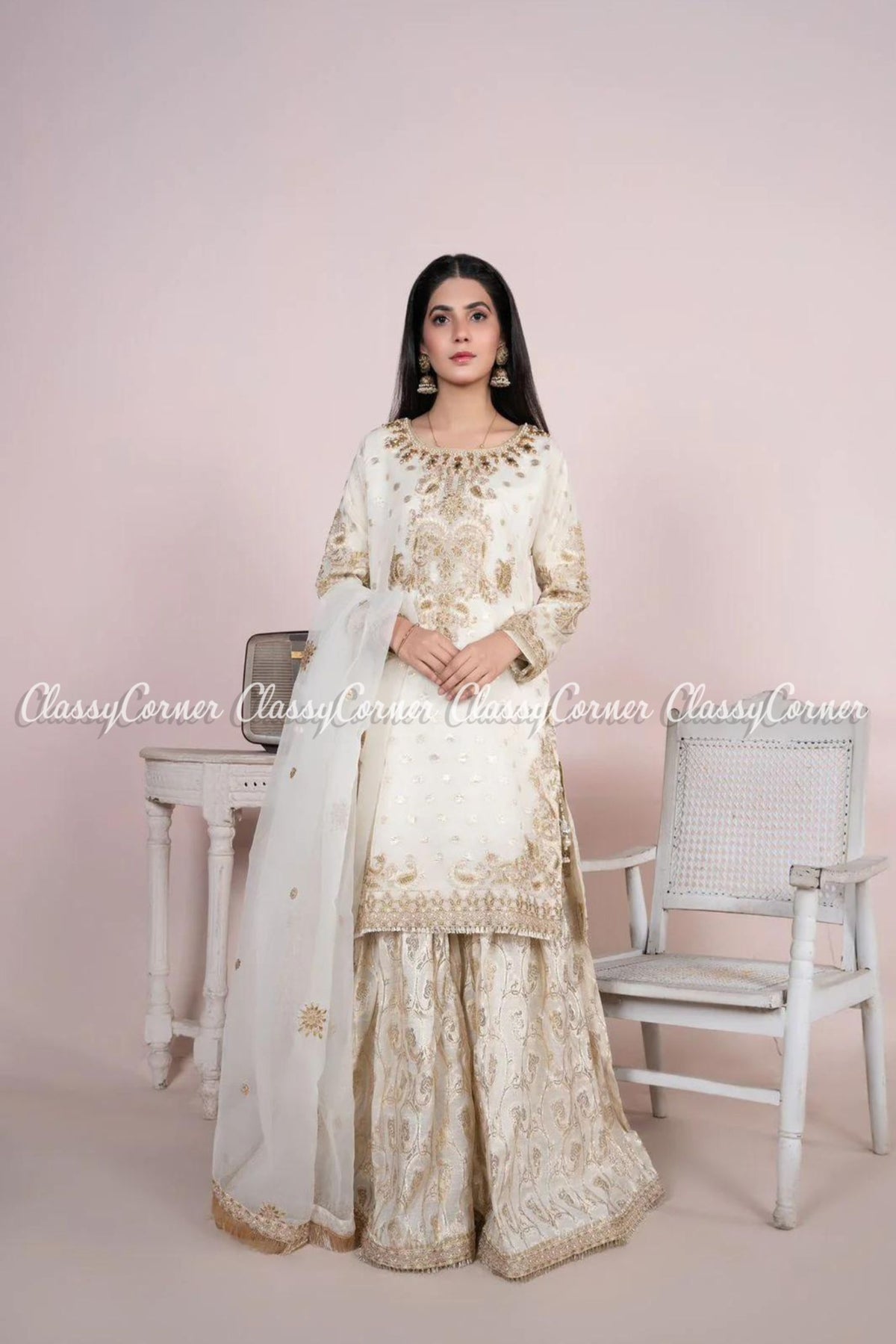 White Golden Organza Party Wear Gharara