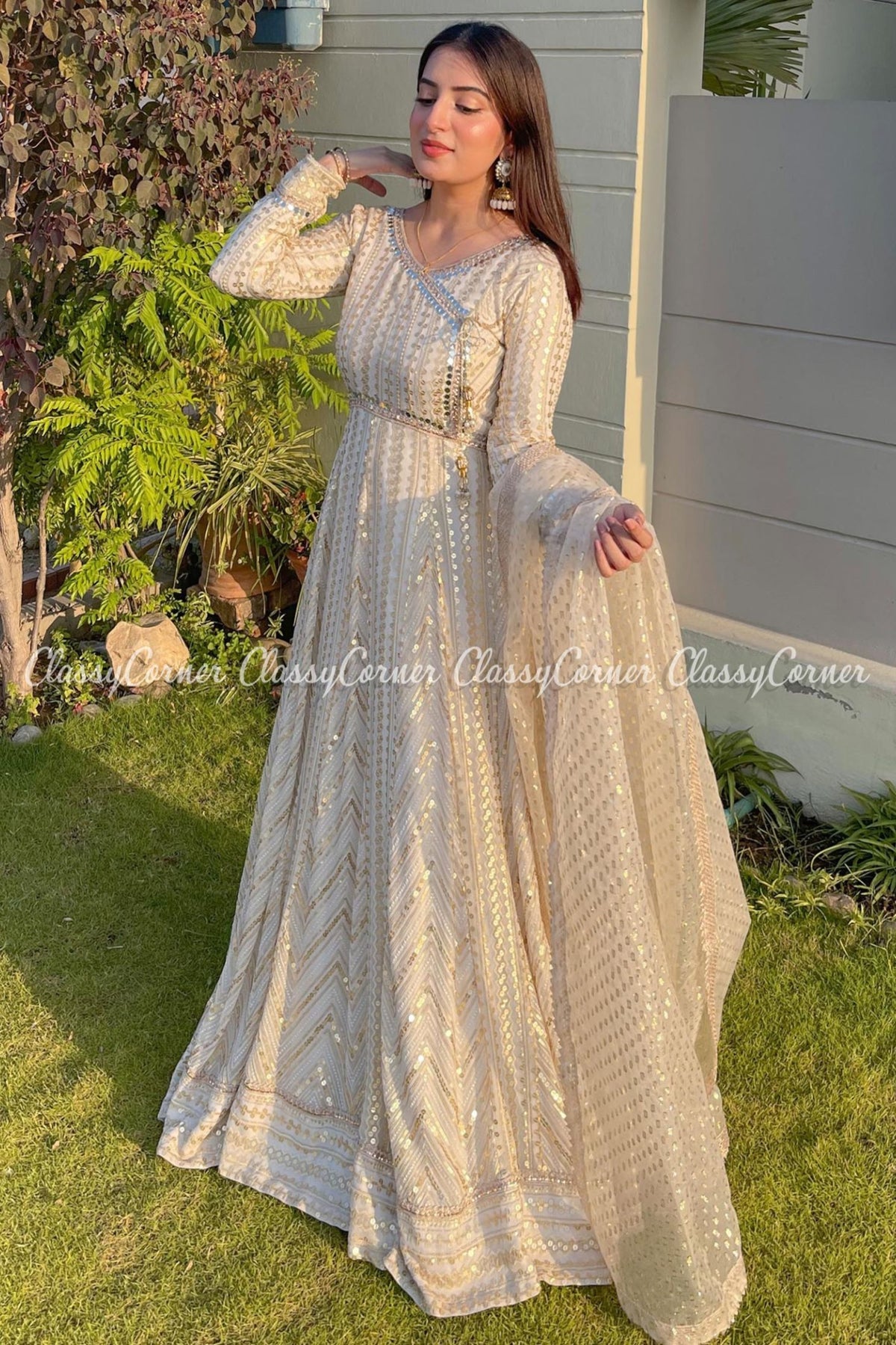 White Golden Chiffon Embroidered Wedding Guest Gown