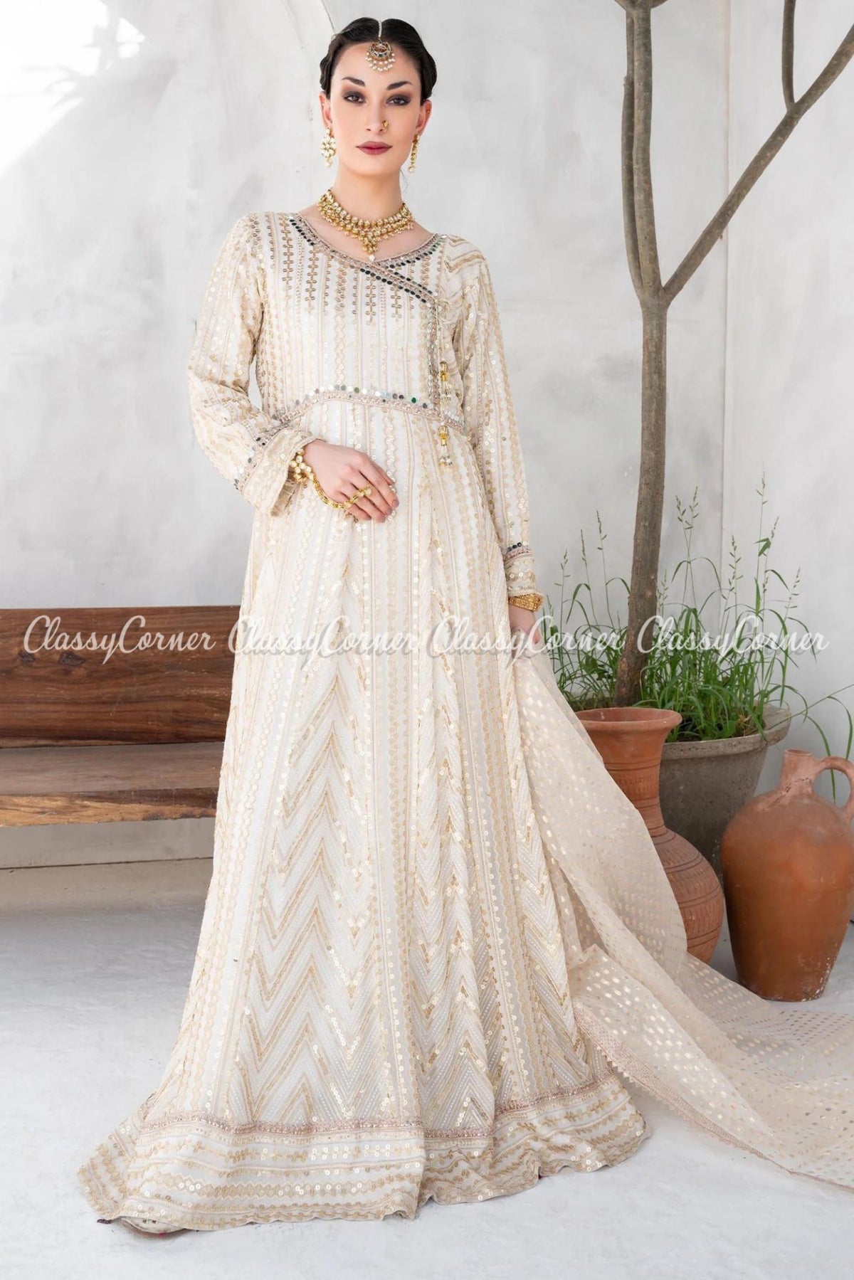 White Golden Chiffon Embroidered Wedding Guest Gown