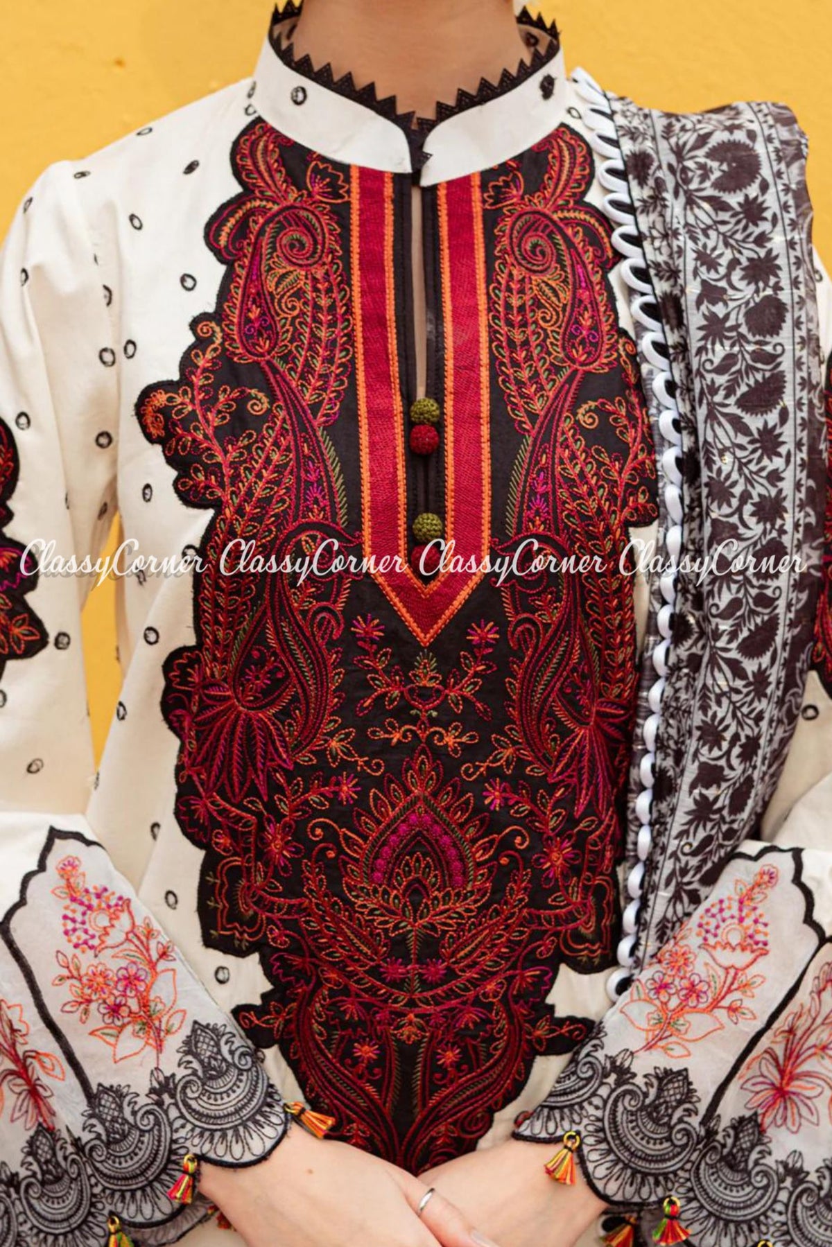 Cream White Maroon Schiffli Lawn Embroidered Outfit