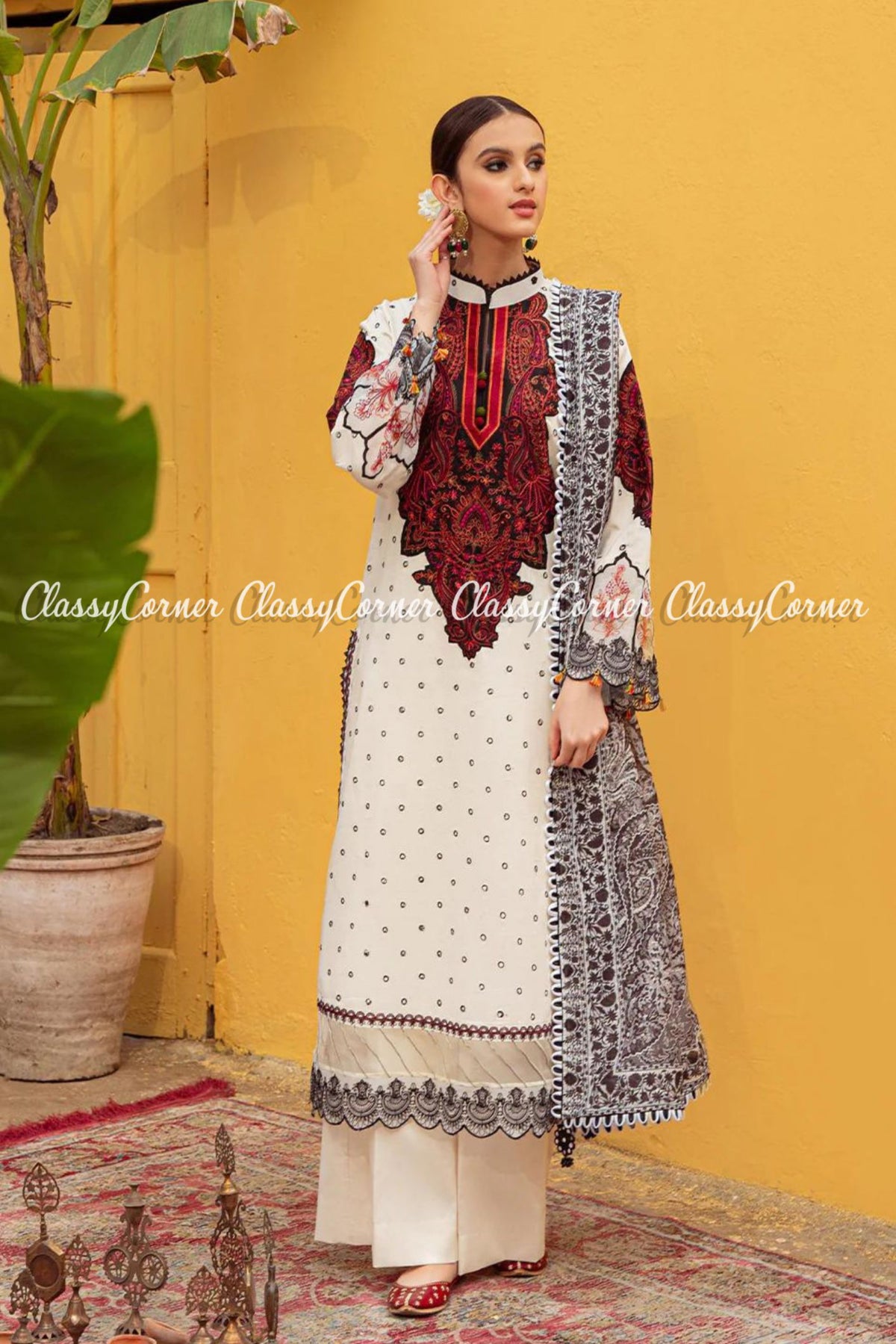 Cream White Maroon Schiffli Lawn Embroidered Outfit