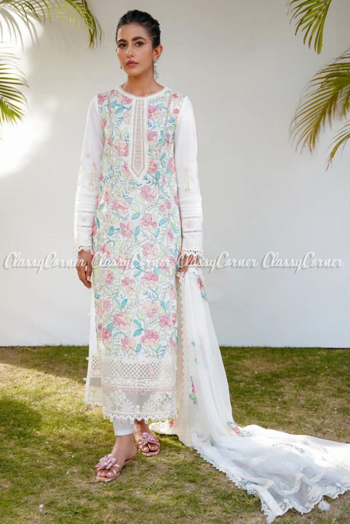 White Multicolor Embroidered Lawn Salwar Kameez