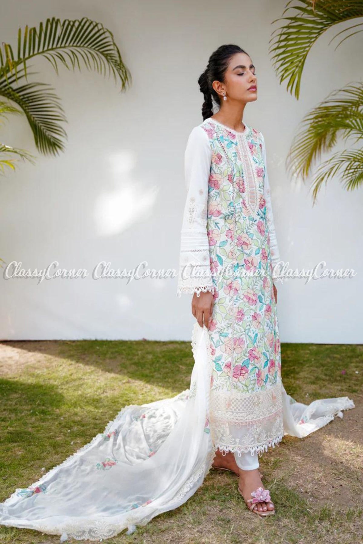 White Multicolor Embroidered Lawn Salwar Kameez