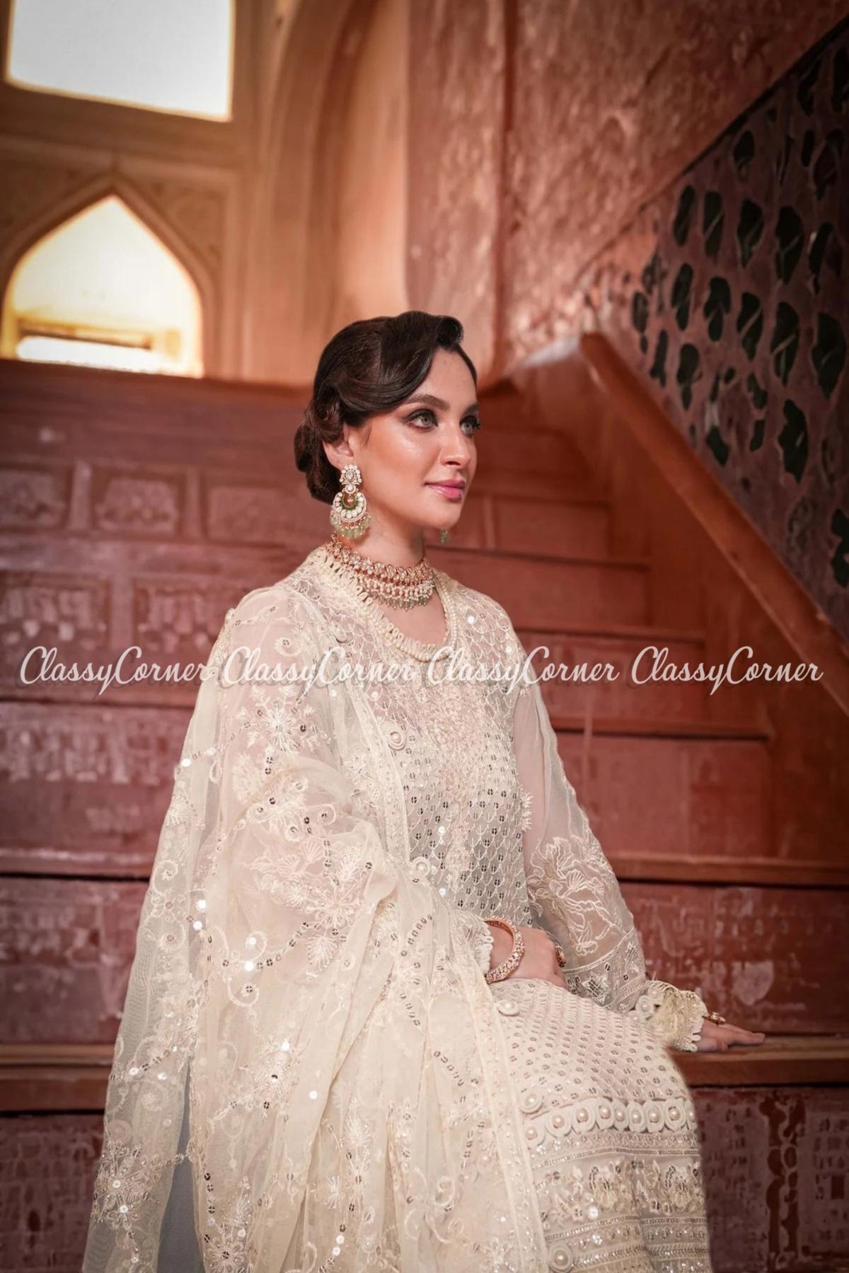 Cream White Net Embellished Party Wear Salwar Kameez