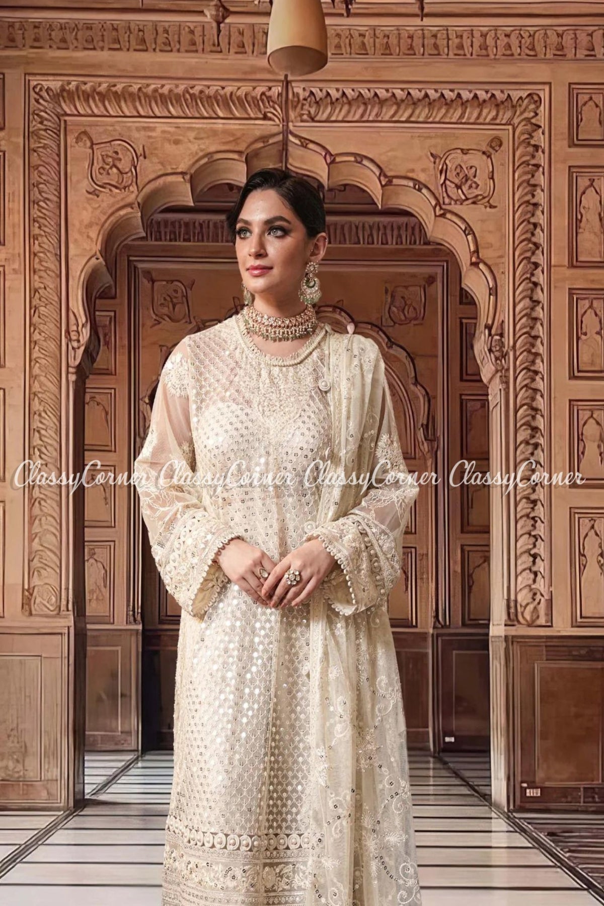 Cream White Net Embellished Party Wear Salwar Kameez