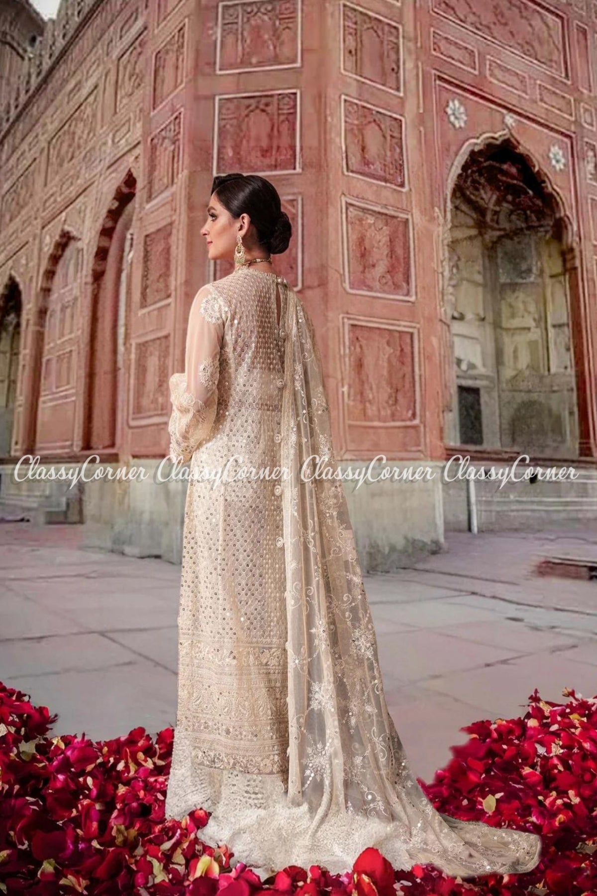 Cream White Net Embellished Party Wear Salwar Kameez