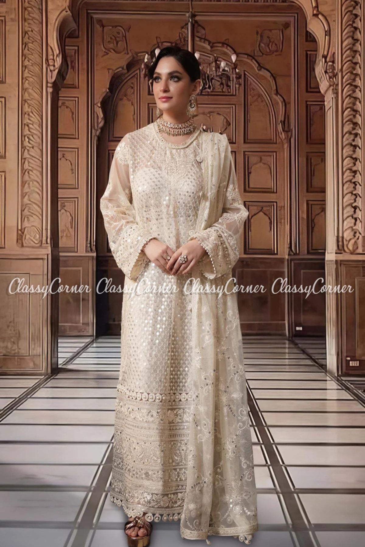 Cream White Net Embellished Party Wear Salwar Kameez